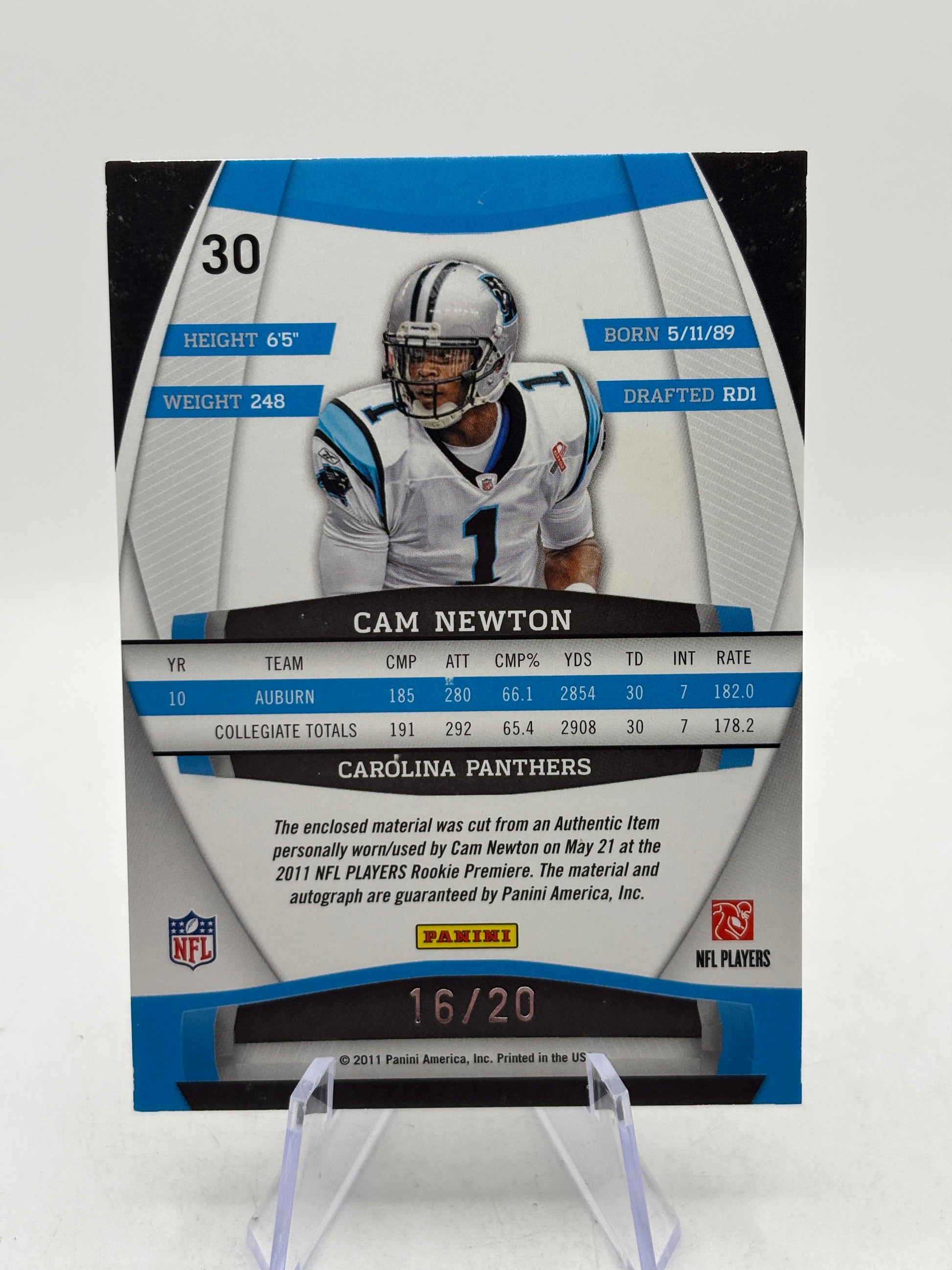 2011 Panini Gridiron Gear - Cam Newton Rookie Gridiron Gems 16/20 Auto