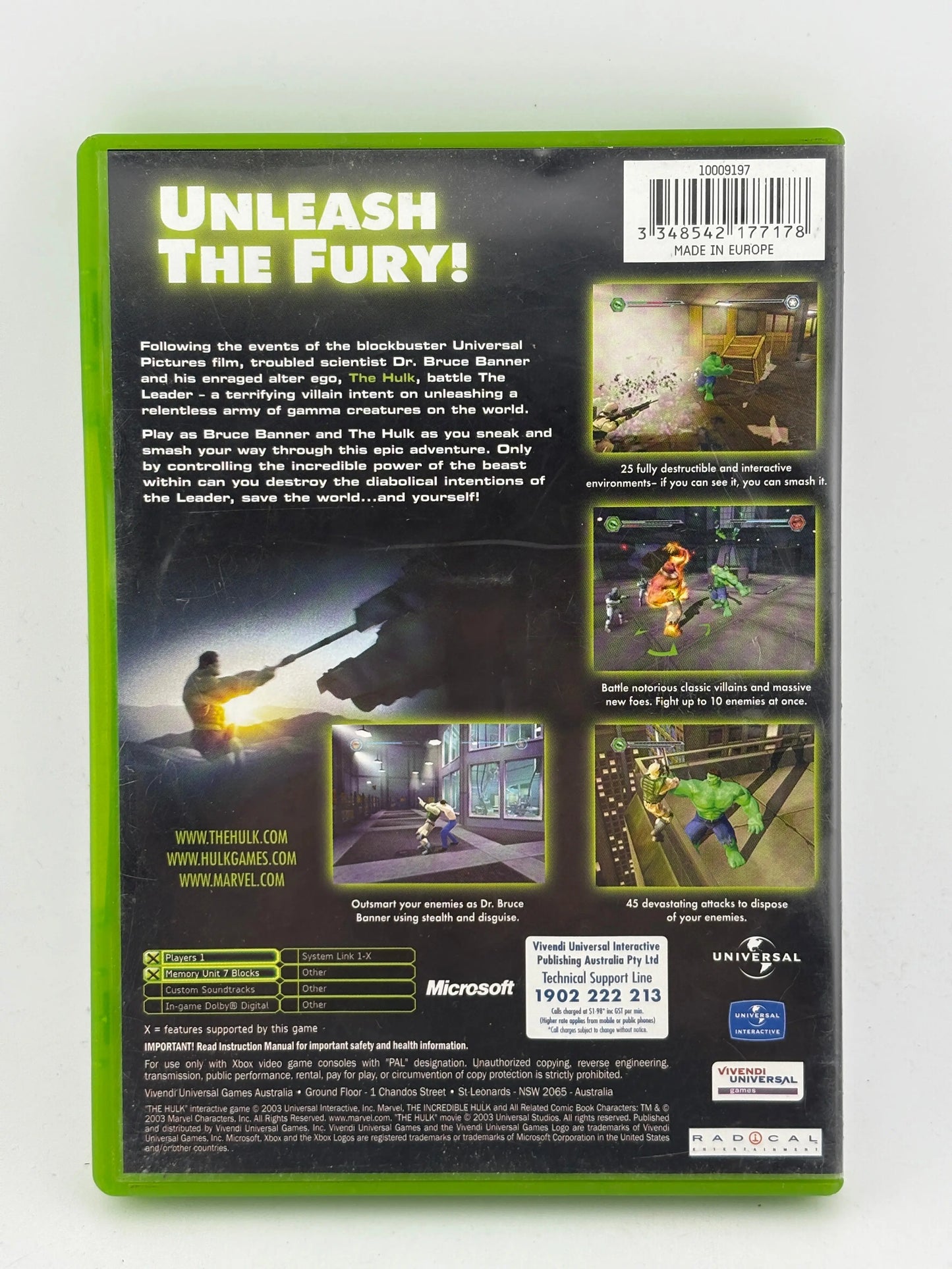 Microsoft Original Xbox - Marvel HULK 2003 Video Game No Manual FRENLY BRICKS - Open 7 Days