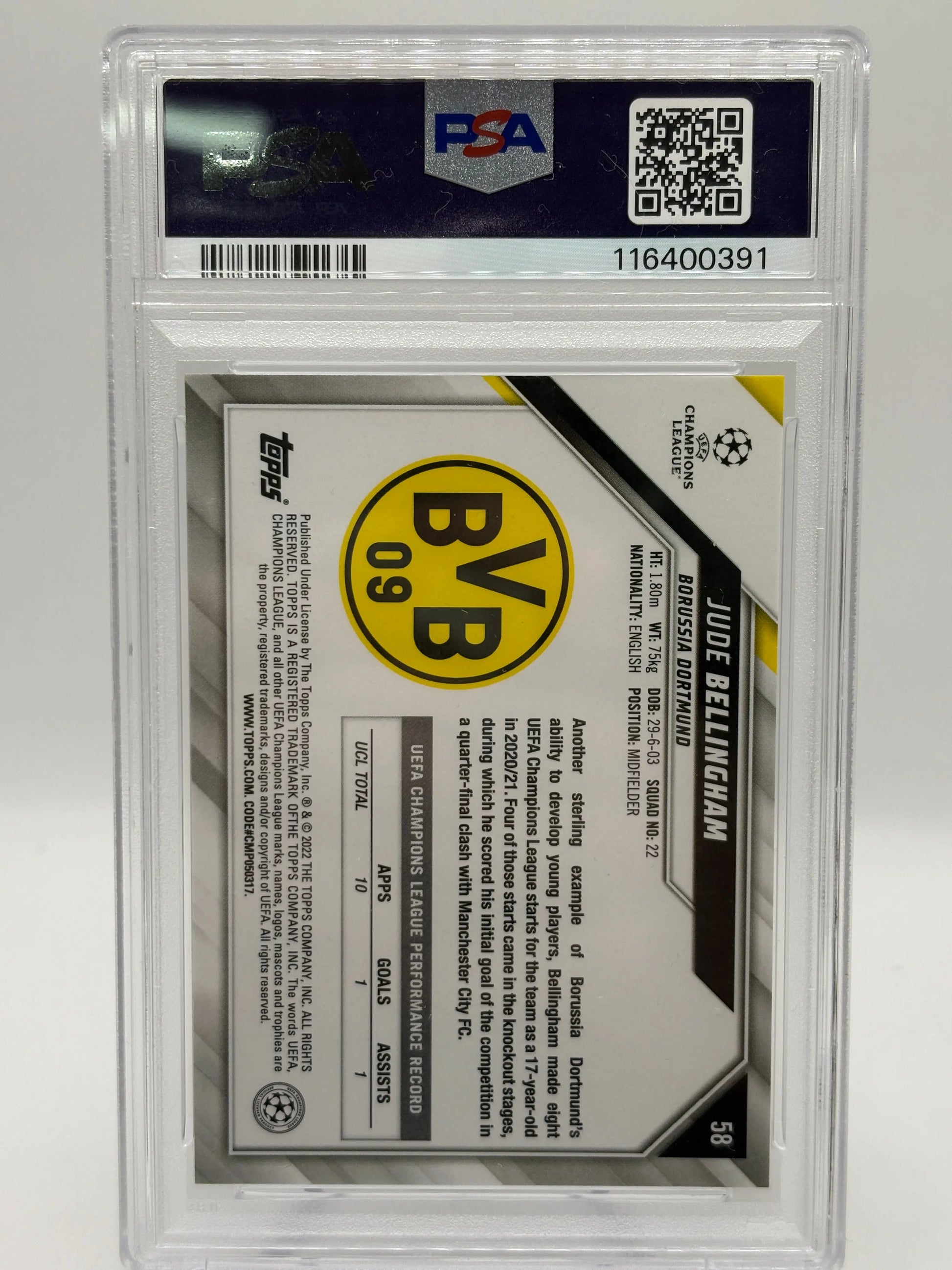 2021-22 Topps Chrome Champions League - Jude Bellingham #58 Sapphire PSA 9 FRENLY BRICKS - Open 7 Days