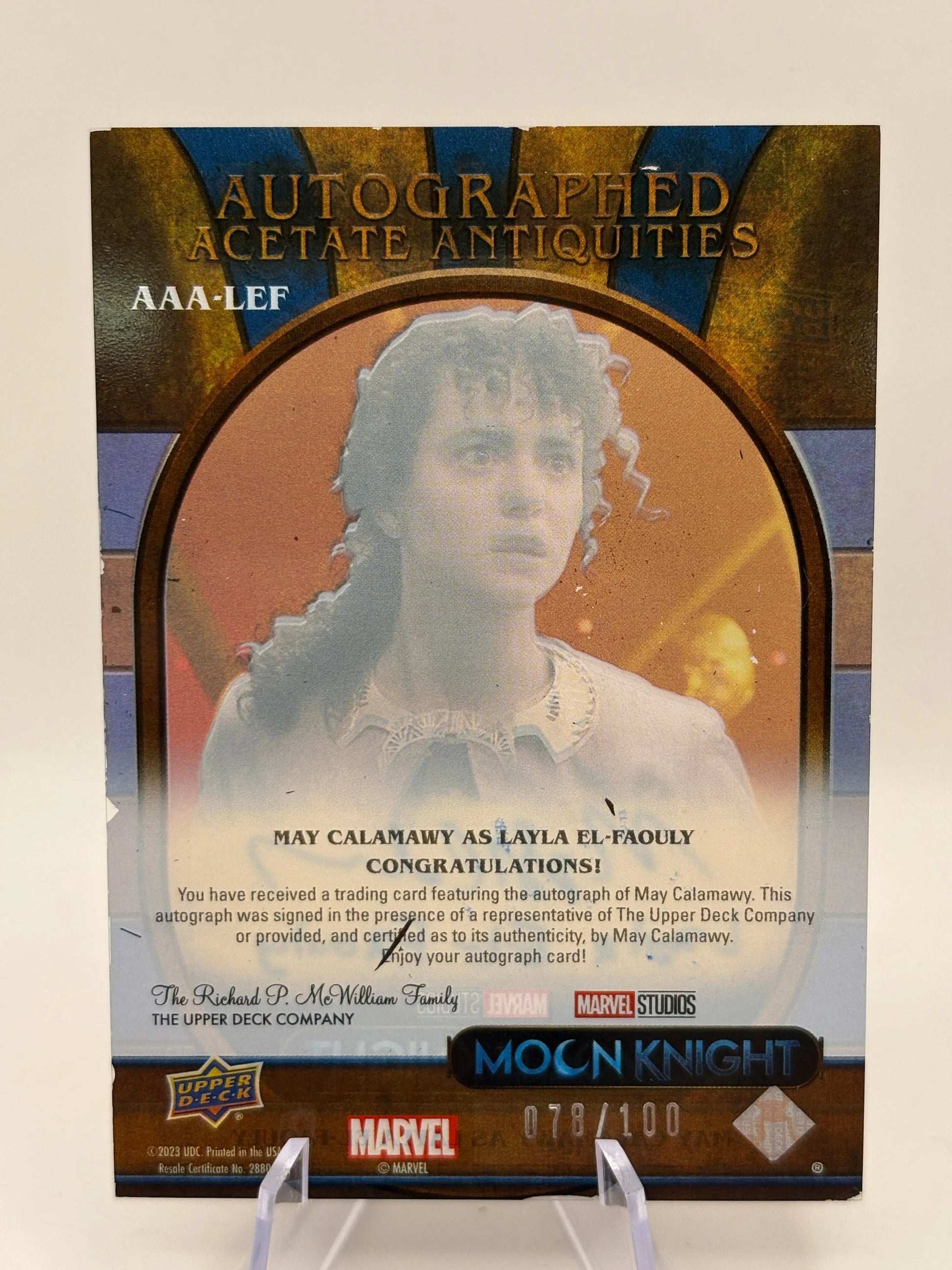 2023 UD Marvel Moon Knight May Calamawy as Layla El-Faouly /100 Auto FRENLY BRICKS - Open 7 Days