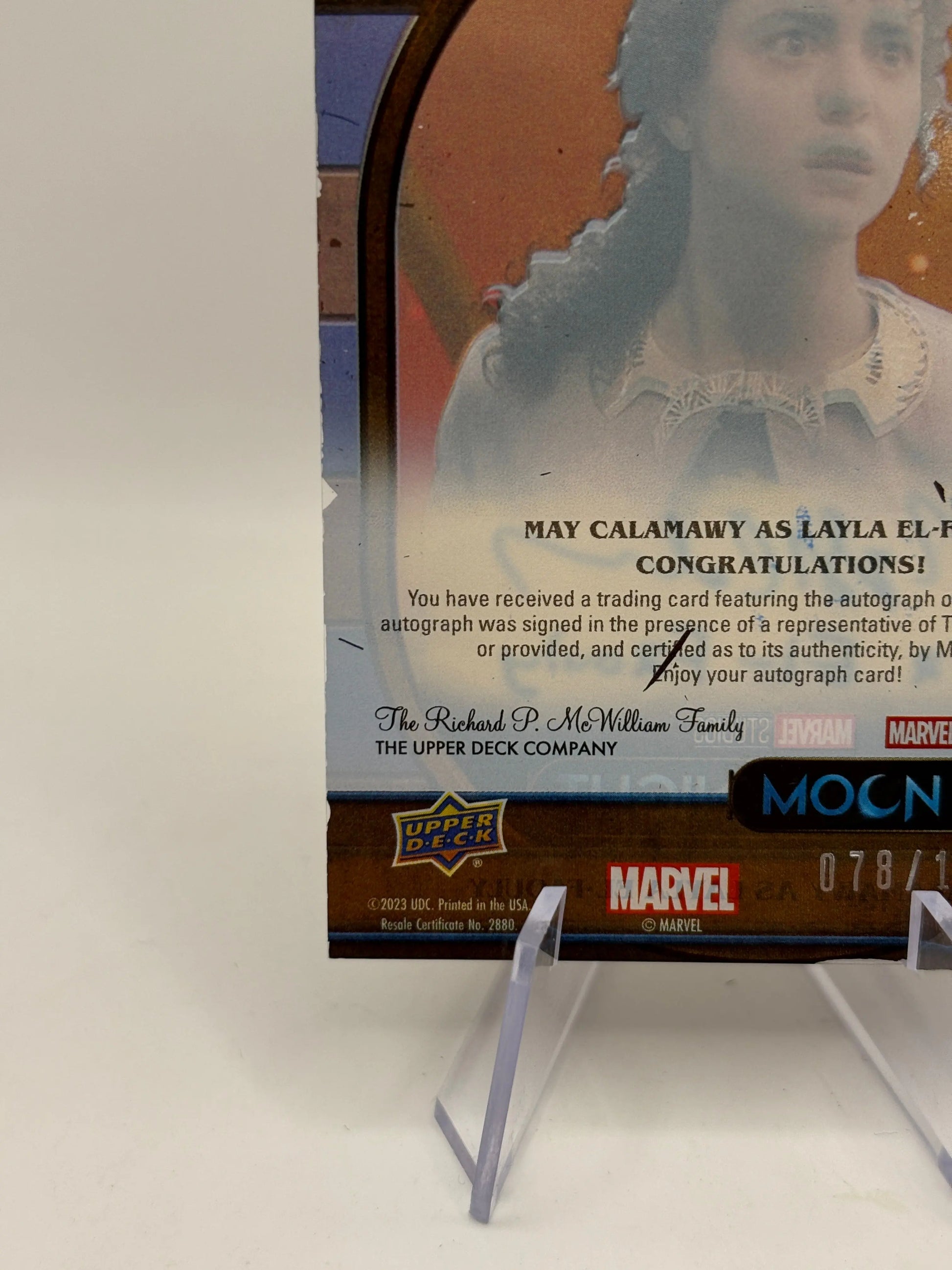 2023 UD Marvel Moon Knight May Calamawy as Layla El-Faouly /100 Auto FRENLY BRICKS - Open 7 Days