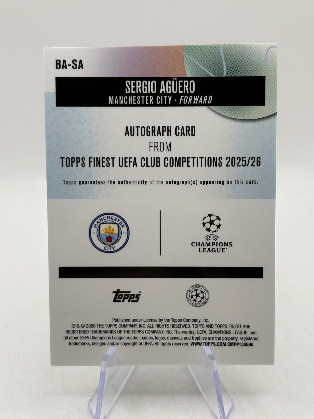 2025-26 Topps Finest UEFA Club Competition- Sergio Aguero Auto Black 03/10, photo 2 image 2