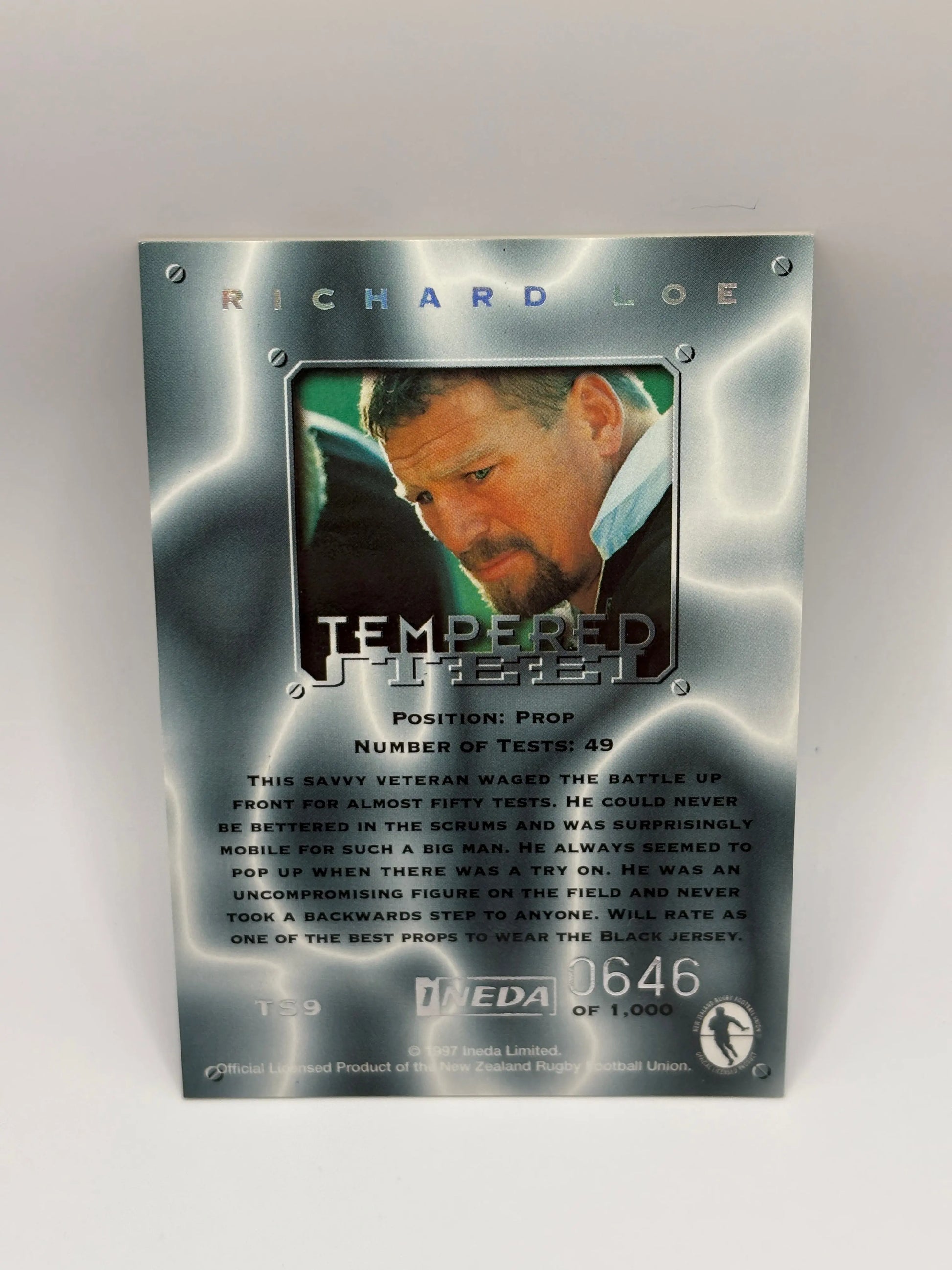 1997 Ineda NZ All Black Trading Cards Tempered Steel Subset TS9 Richard Loe #0646/1000 FRENLY BRICKS - Open 7 Days