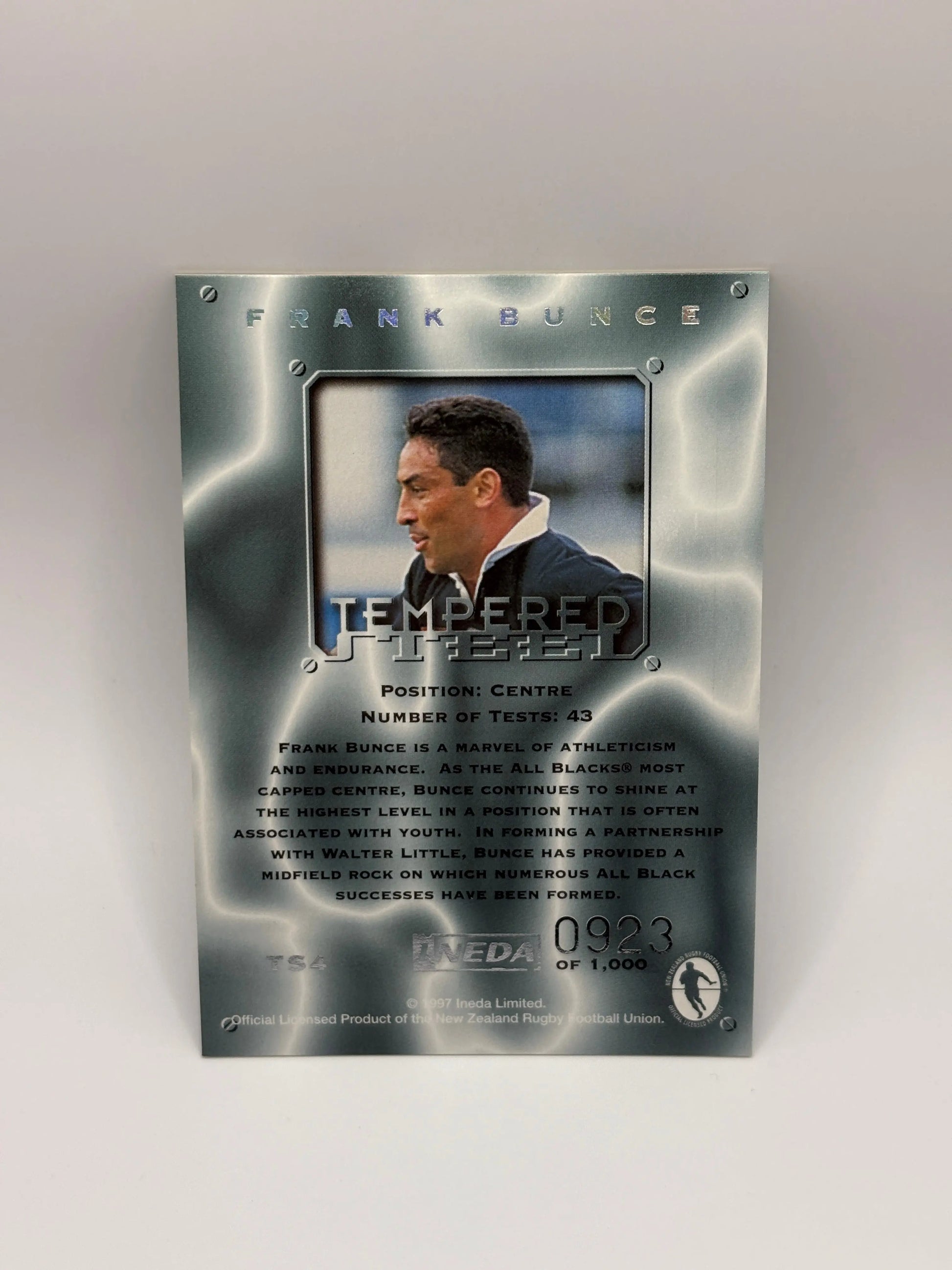 1997 Ineda NZ All Black Trading Cards Tempered Steel TS4 Frank Bunce #0923/1000 FRENLY BRICKS - Open 7 Days