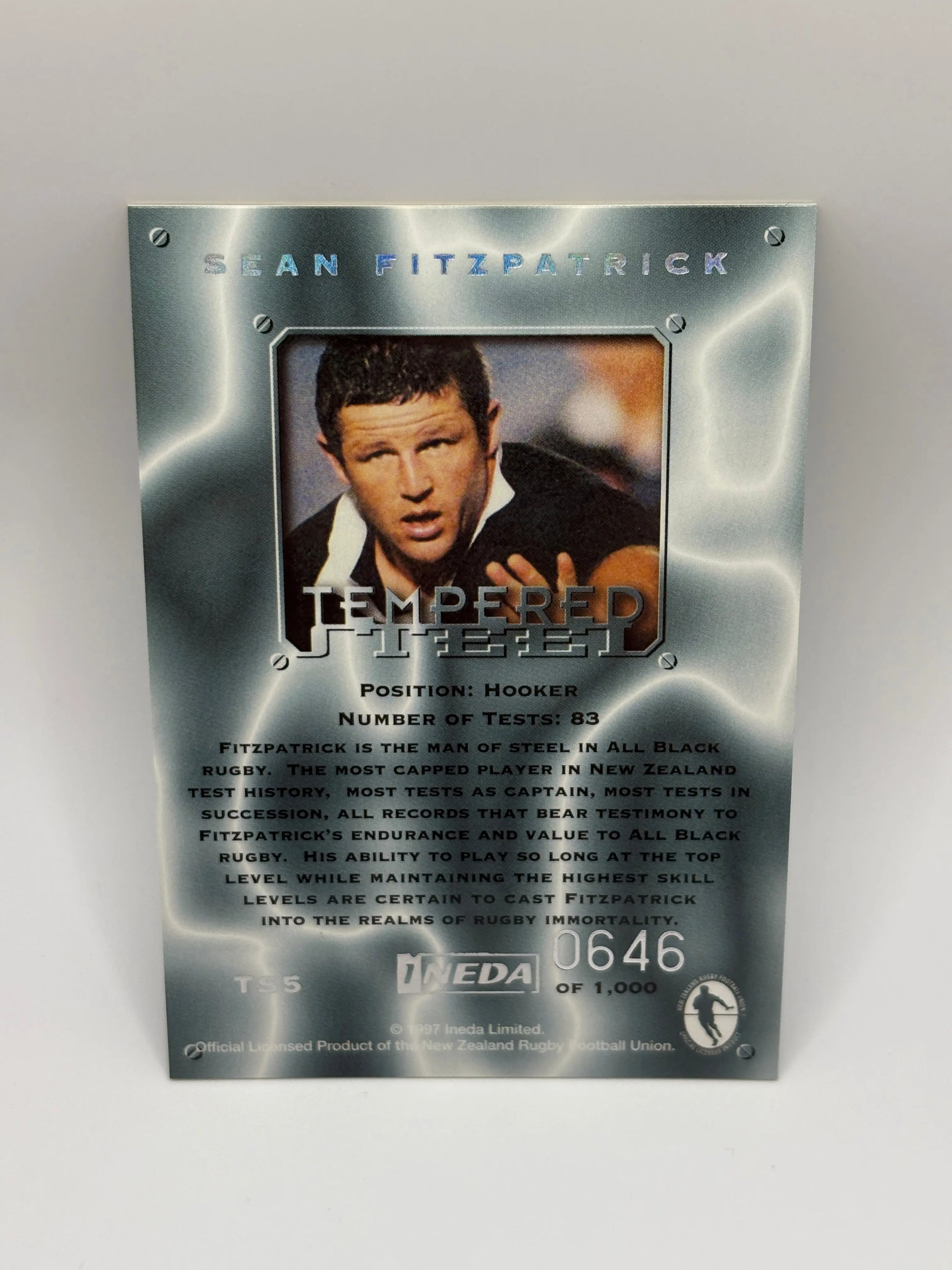 1997 Ineda NZ All Black Trading Cards Tempered Steel TS5 Sean Fitzpatrick #0646/1000 FRENLY BRICKS - Open 7 Days