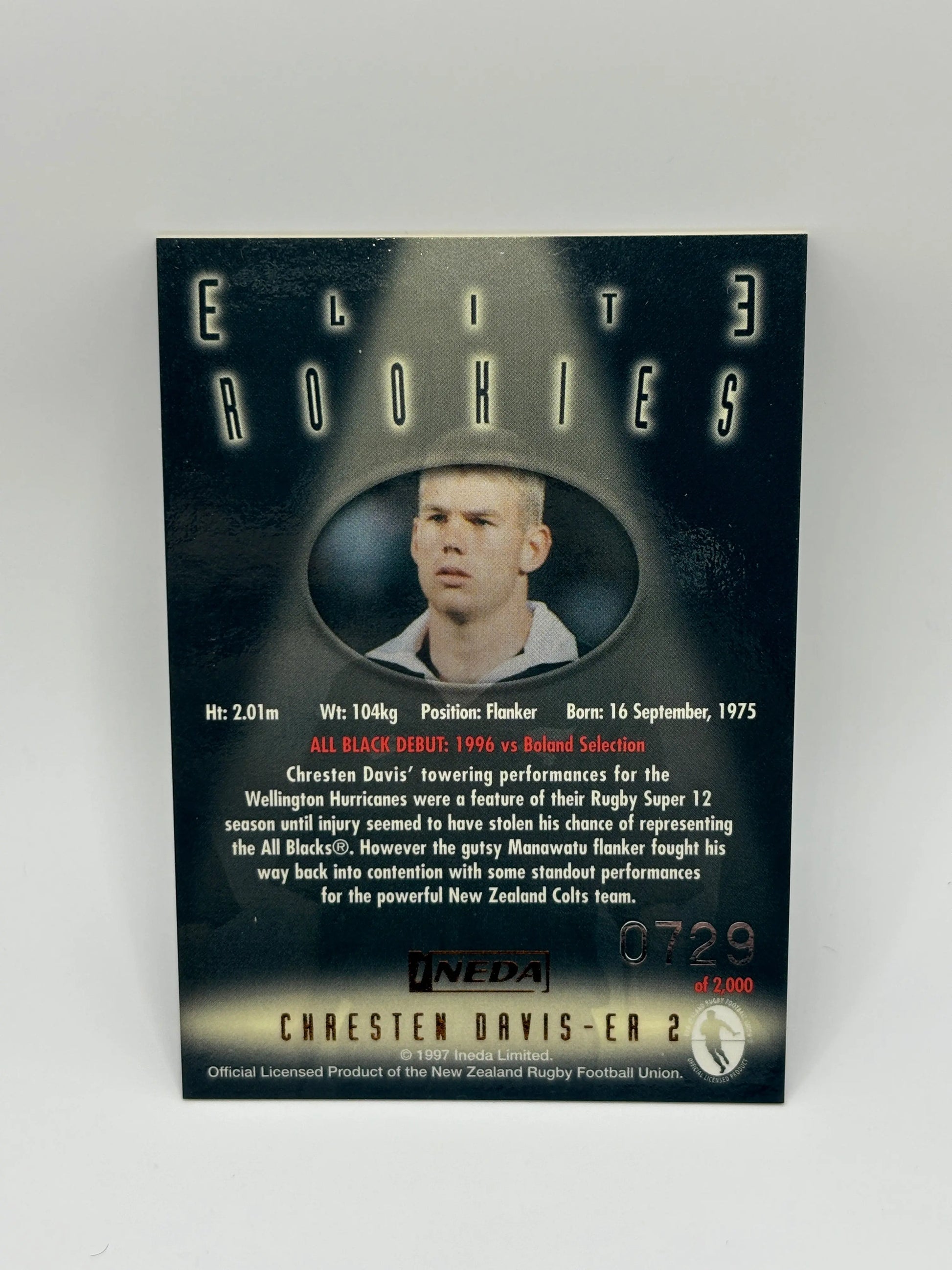 1997 Ineda NZ All Black Trading Cards Elite Rookies ER2 Chresten Davis #0729/2000 FRENLY BRICKS - Open 7 Days