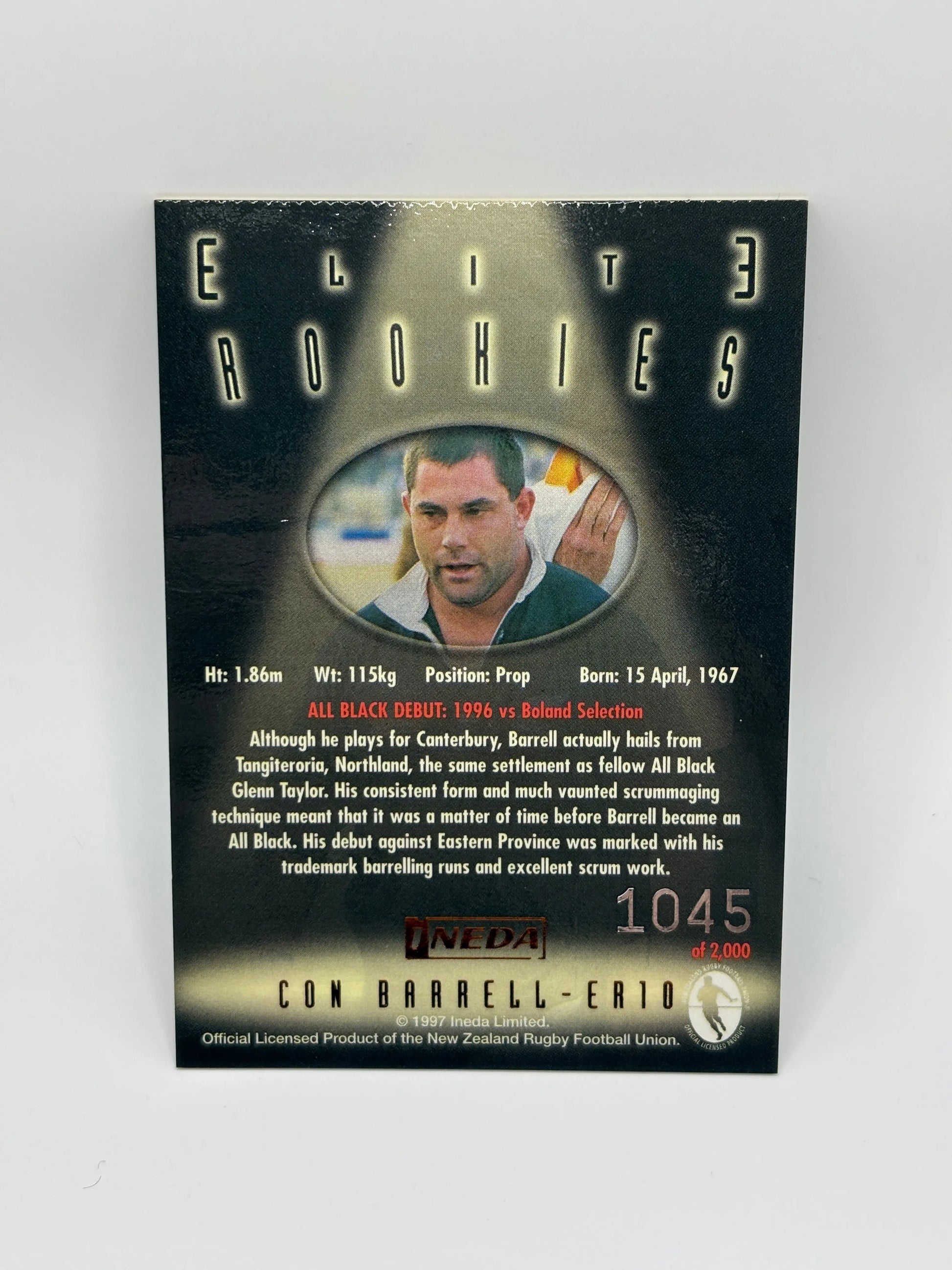 1997 Ineda NZ All Black Trading Cards Elite Rookies ER10 Con Barrell #1045/2000 FRENLY BRICKS - Open 7 Days