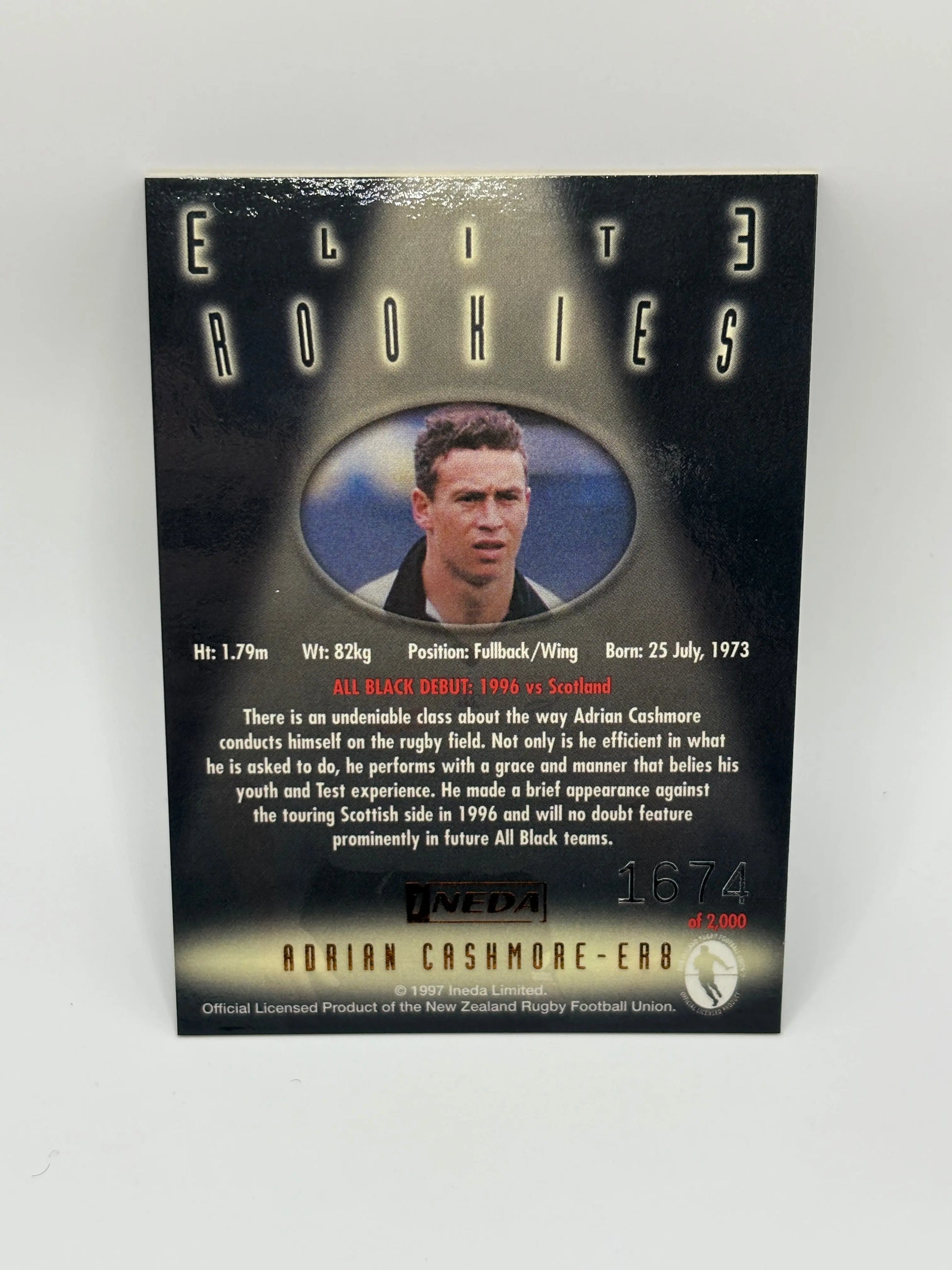 1997 Ineda NZ All Black Trading Cards Elite Rookies ER8 Adrian Cashmore #1674/2000 FRENLY BRICKS - Open 7 Days