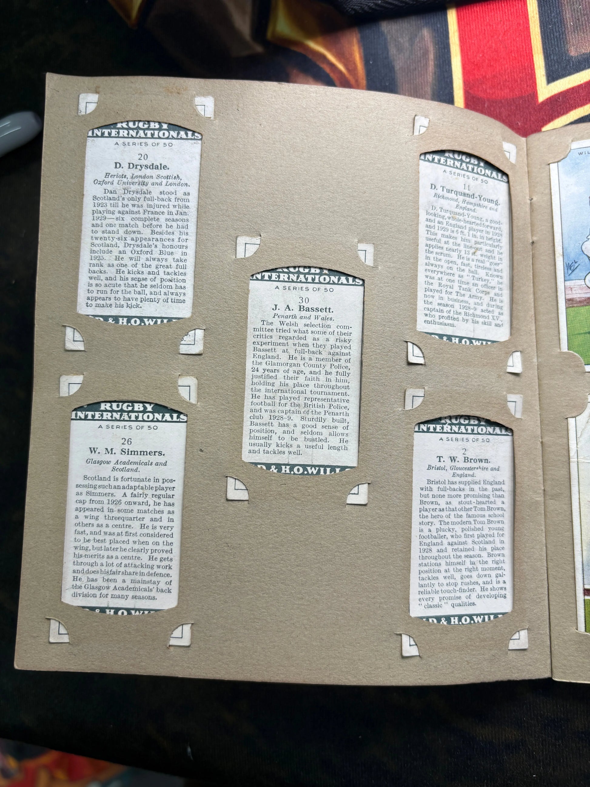 1929 Will’s Cigarette Picture Card Album Rugby Internationals COMPLETE ALBUM FRENLY BRICKS - Open 7 Days