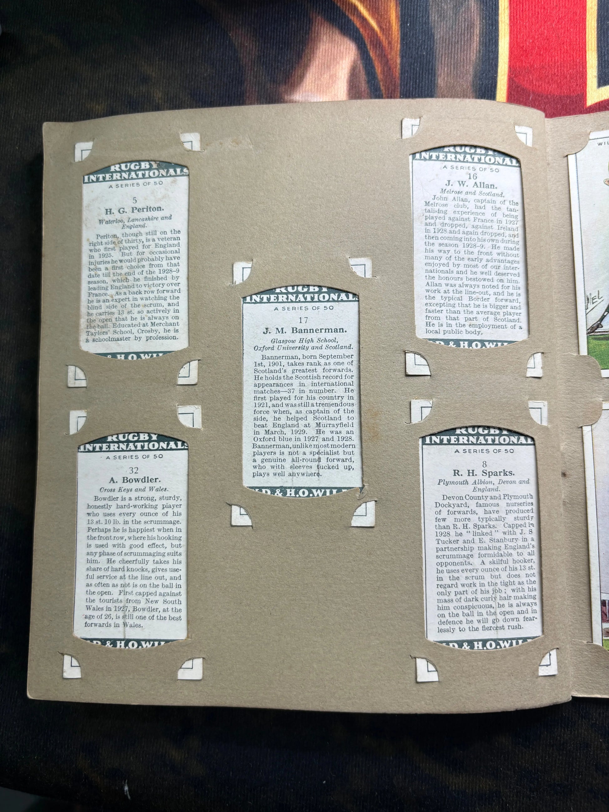 1929 Will’s Cigarette Picture Card Album Rugby Internationals COMPLETE ALBUM FRENLY BRICKS - Open 7 Days