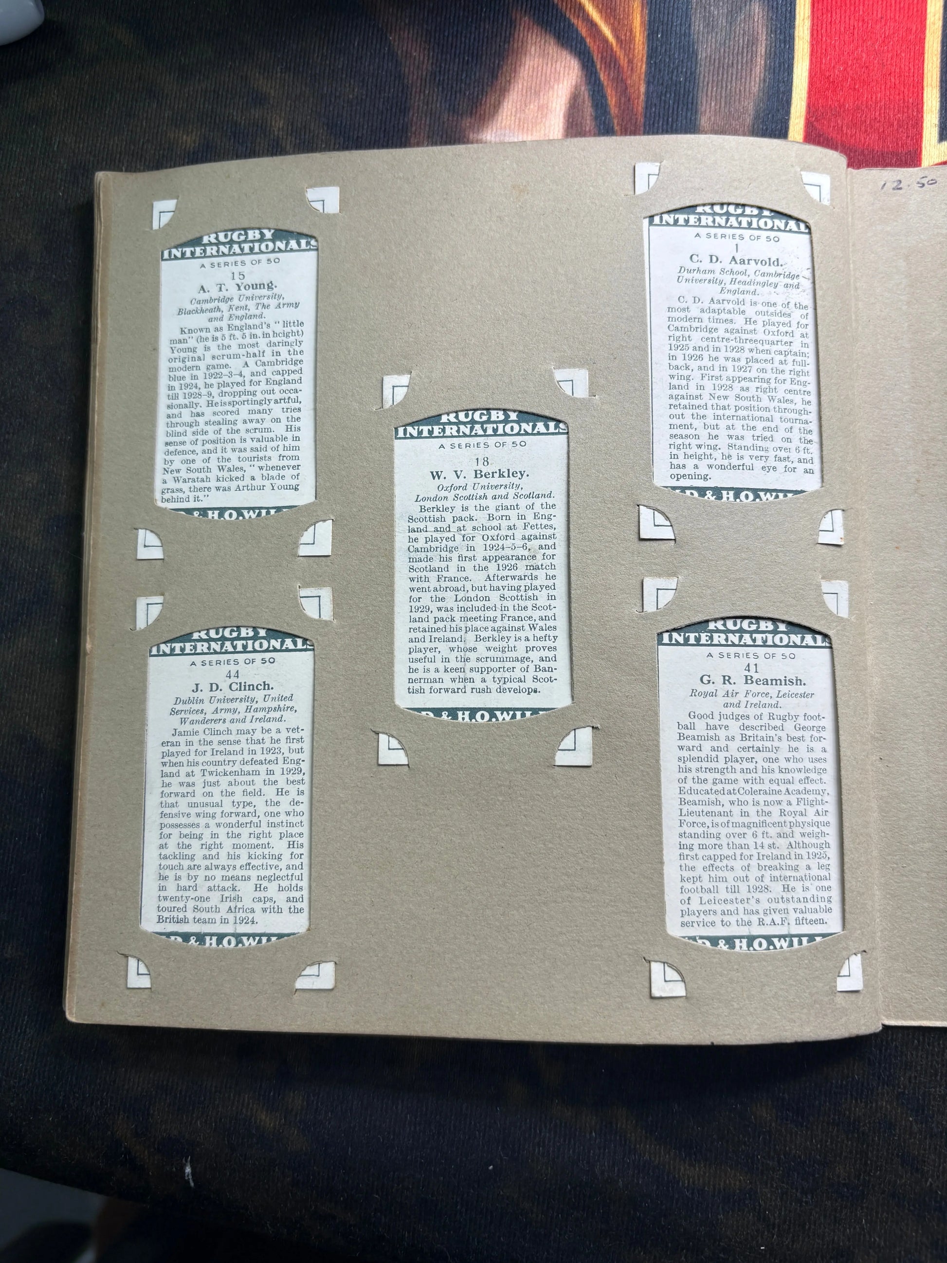 1929 Will’s Cigarette Picture Card Album Rugby Internationals COMPLETE ALBUM FRENLY BRICKS - Open 7 Days