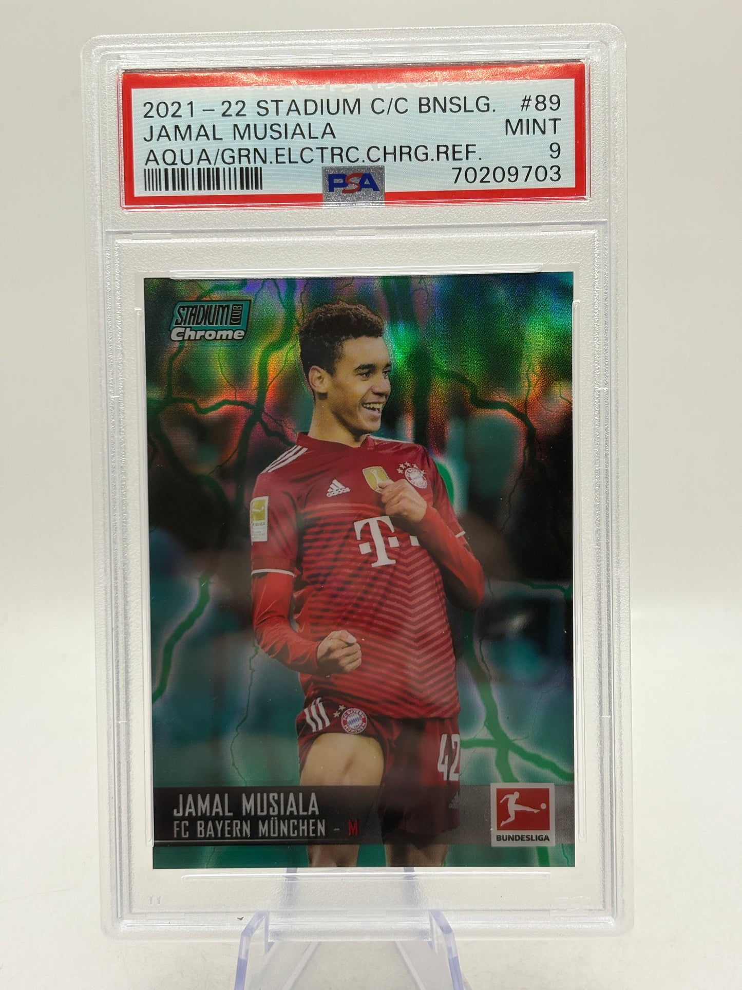 2021-22 Stadium Club Bundesliga Jamal Musiala Aqua/Green Electric 22/175 PSA 9