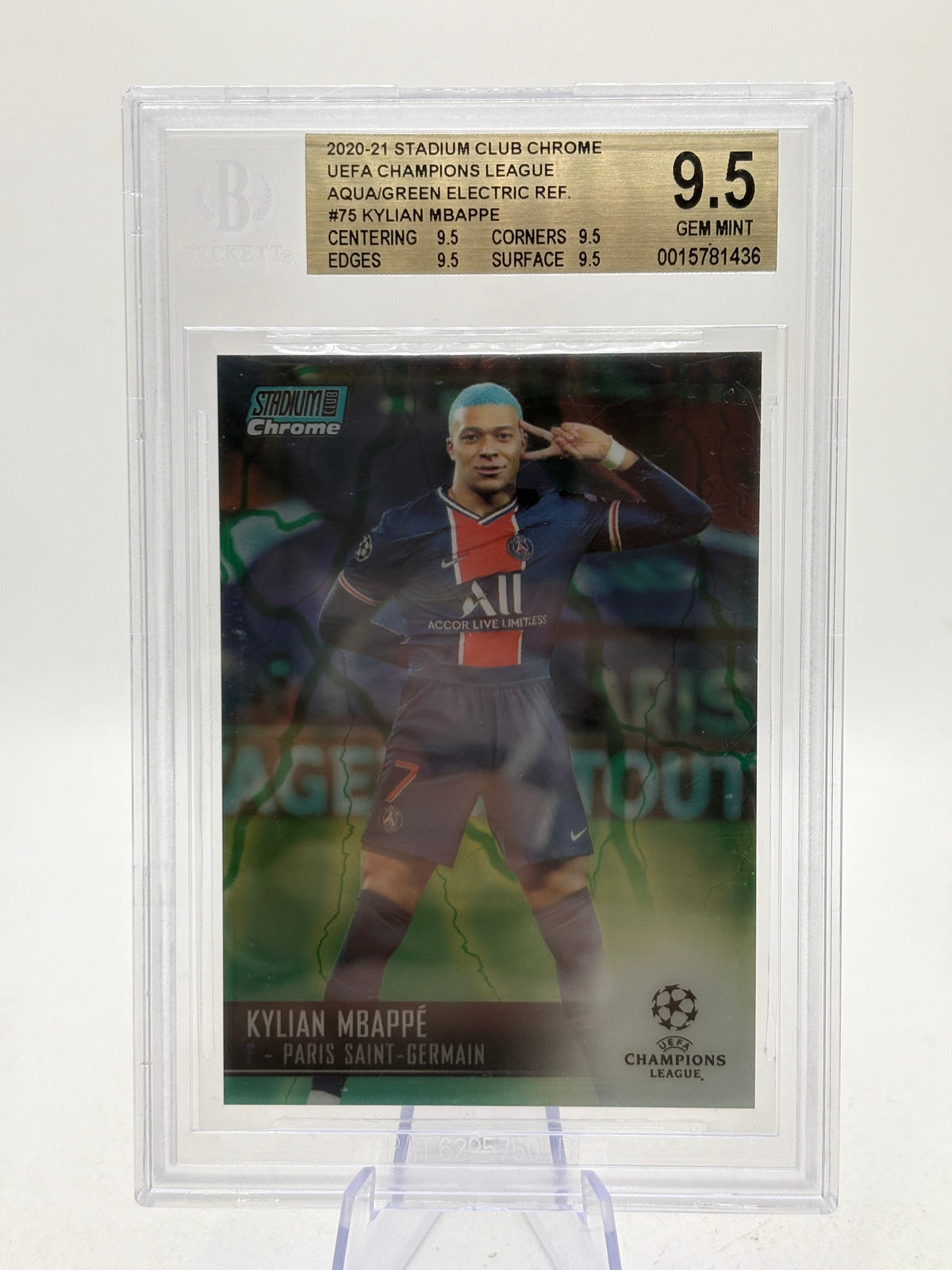 2020 Stadium Club Chrome UCL Kylian Mbappe 75 BGS 9.5 Aqua Electric /150 image 1