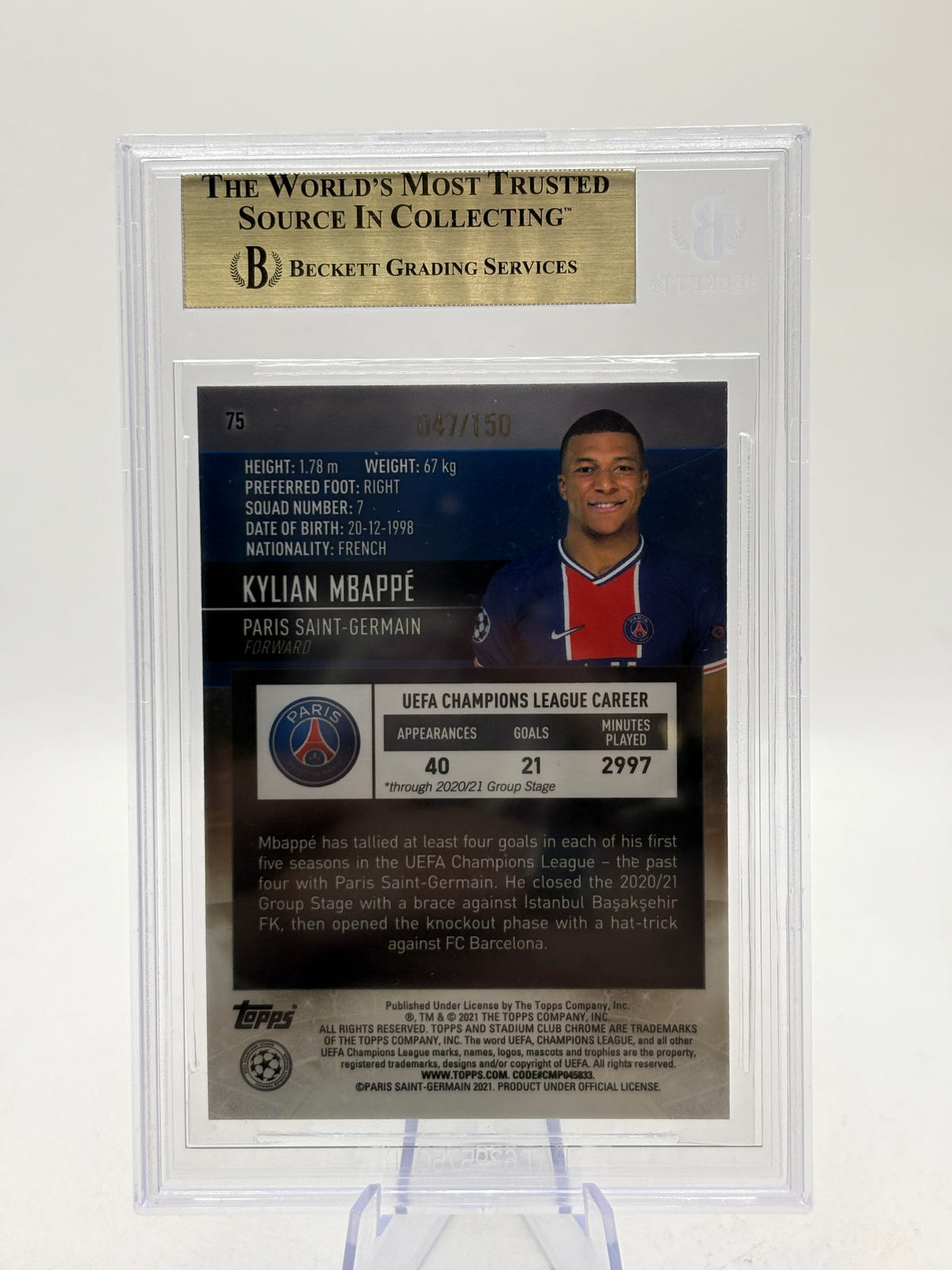 2020 Stadium Club Chrome UCL Kylian Mbappe 75 BGS 9.5 Aqua Electric /150 image 2