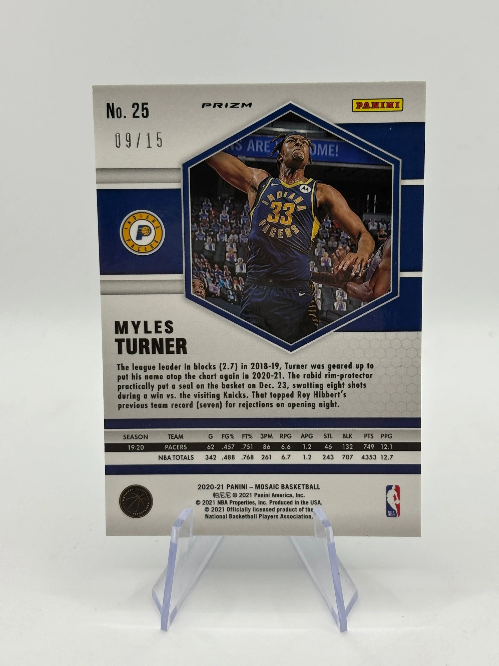 2020-21 Panini Mosaic Myles Turner #25 Fluorescent Blue Mosaic Prizm /15 FRENLY BRICKS - Open 7 Days