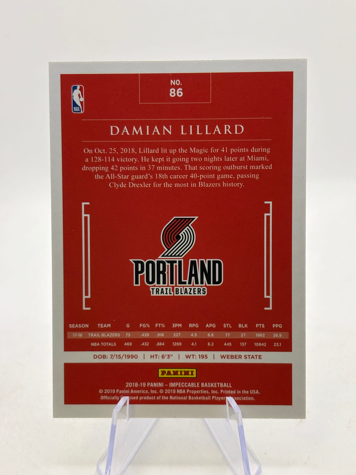 2018-19 Panini Impeccable Basketball #86 Damian Lillard /49 image 2