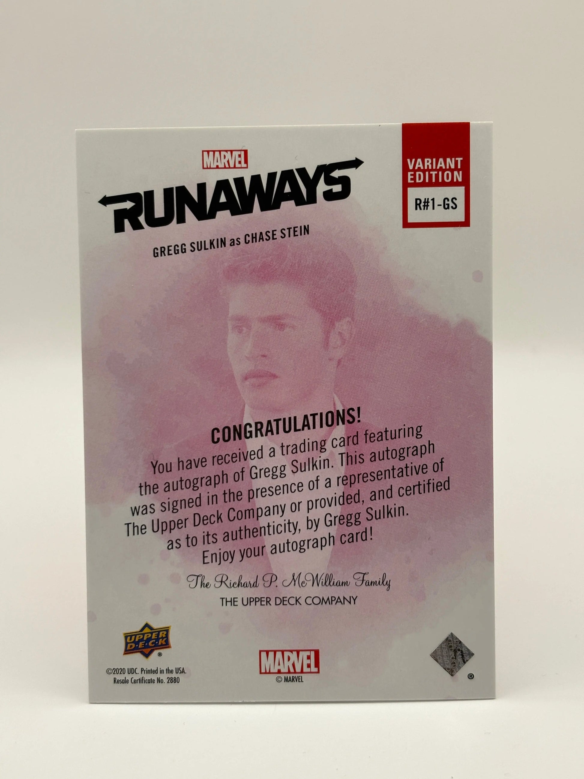 2020 Upper Deck Marvel Runaways #1 Photo Variant /50 Gregg Sulkin / Chase Stein Auto FRENLY BRICKS - Open 7 Days