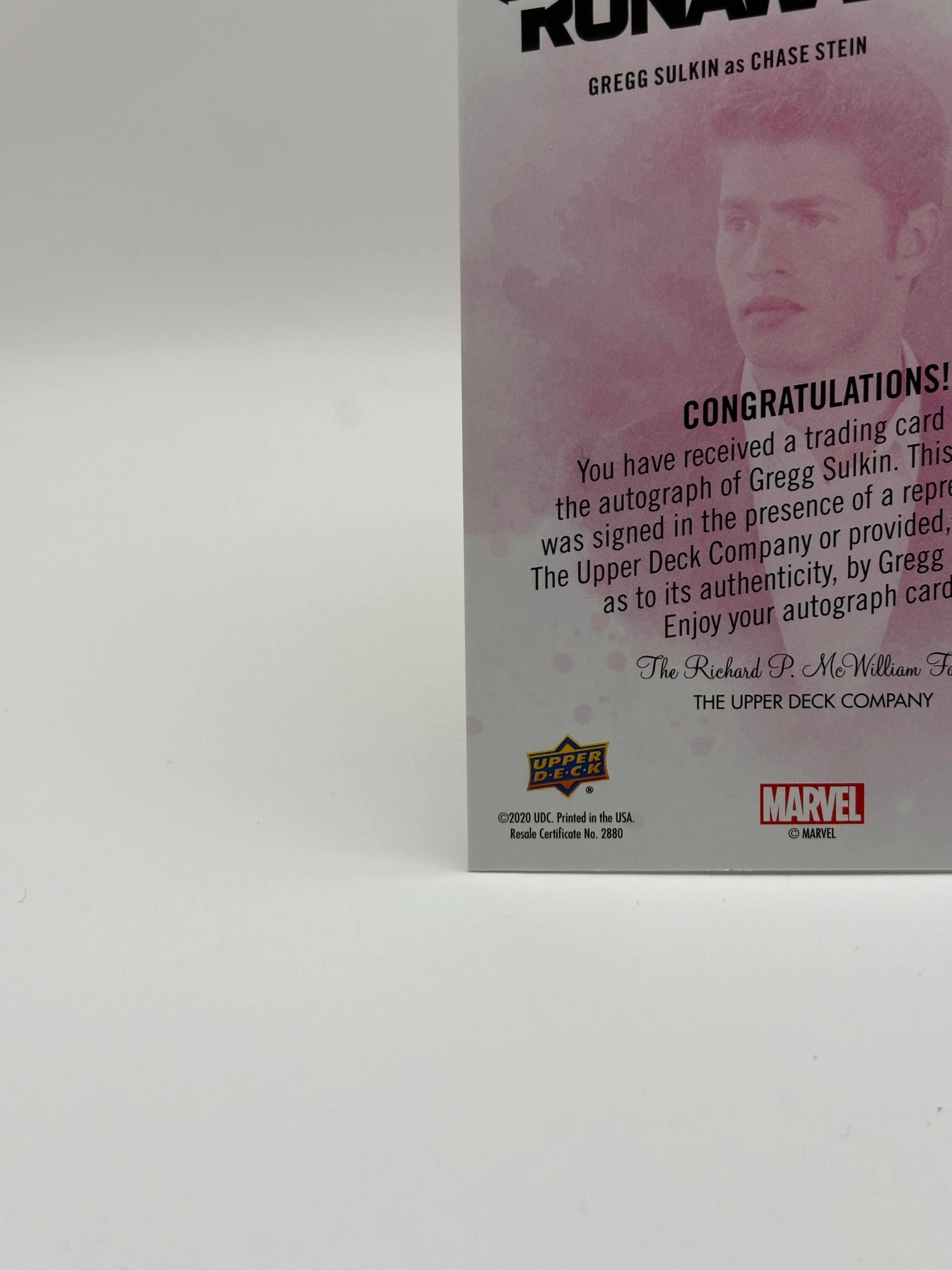 2020 Upper Deck Marvel Runaways #1 Photo Variant /50 Gregg Sulkin / Chase Stein Auto FRENLY BRICKS - Open 7 Days