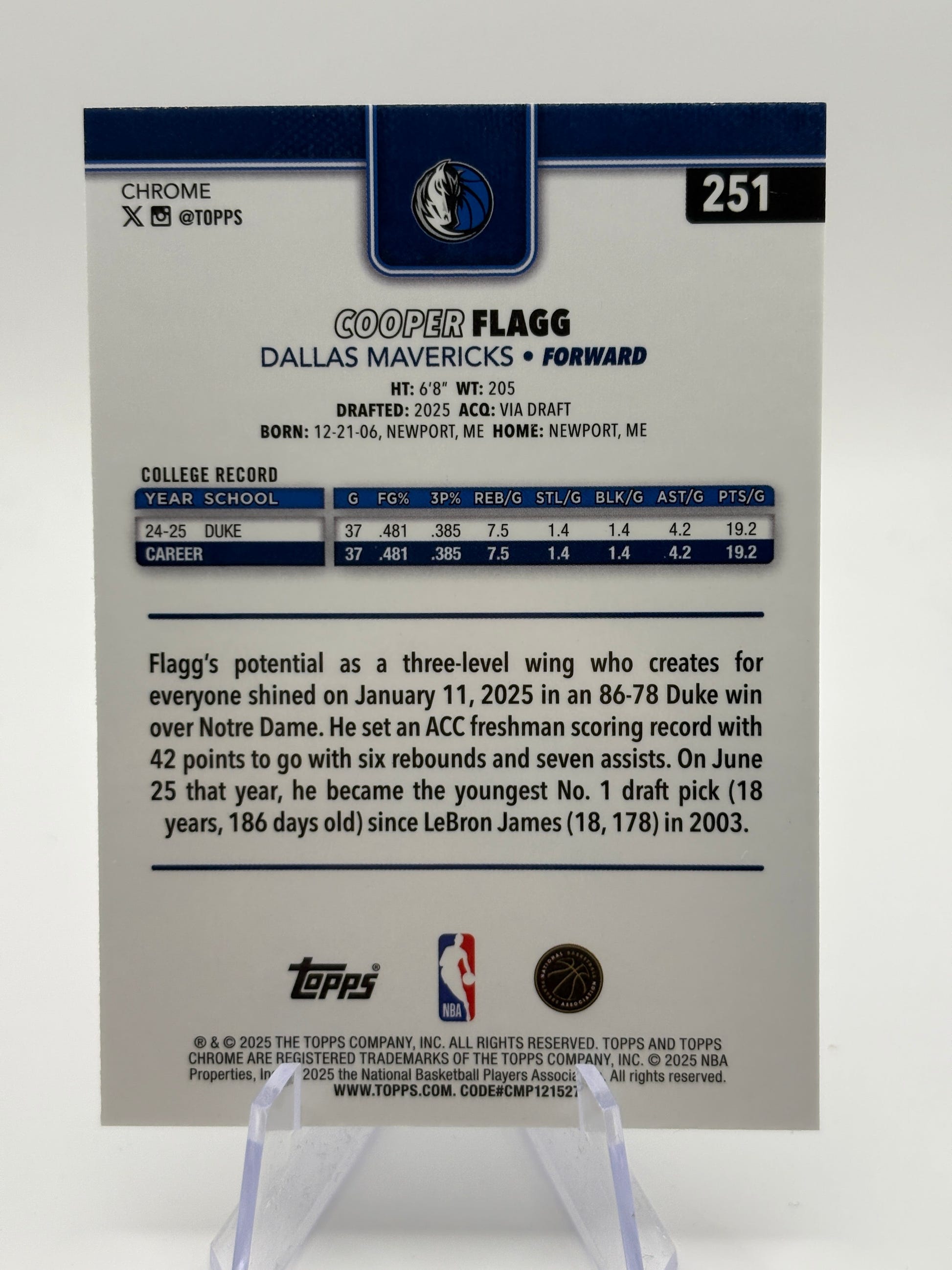 2025-26 NBA Topps Chrome Cooper Flagg RC Dallas Mavericks Base Rookie #251 FRENLY BRICKS - Open 7 Days image 2