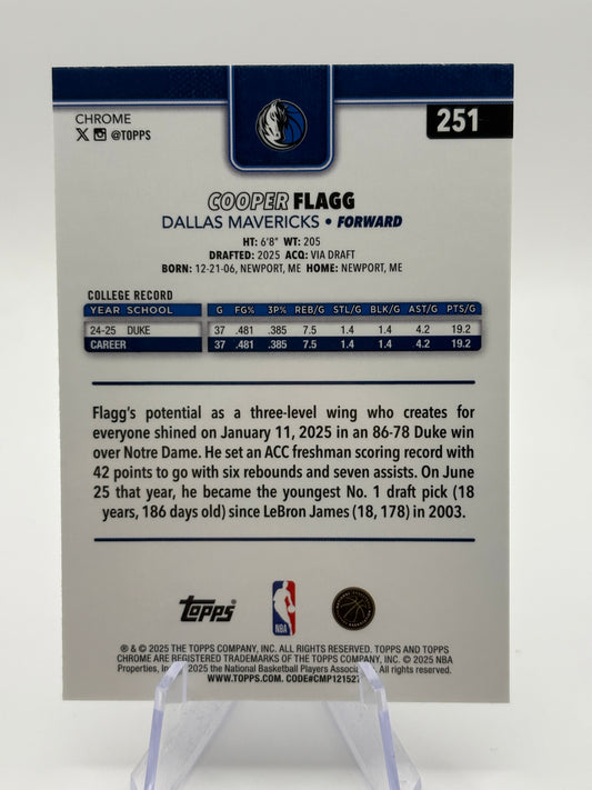 2025-26 NBA Topps Chrome Cooper Flagg RC Dallas Mavericks Base Rookie #251 FRENLY BRICKS - Open 7 Days