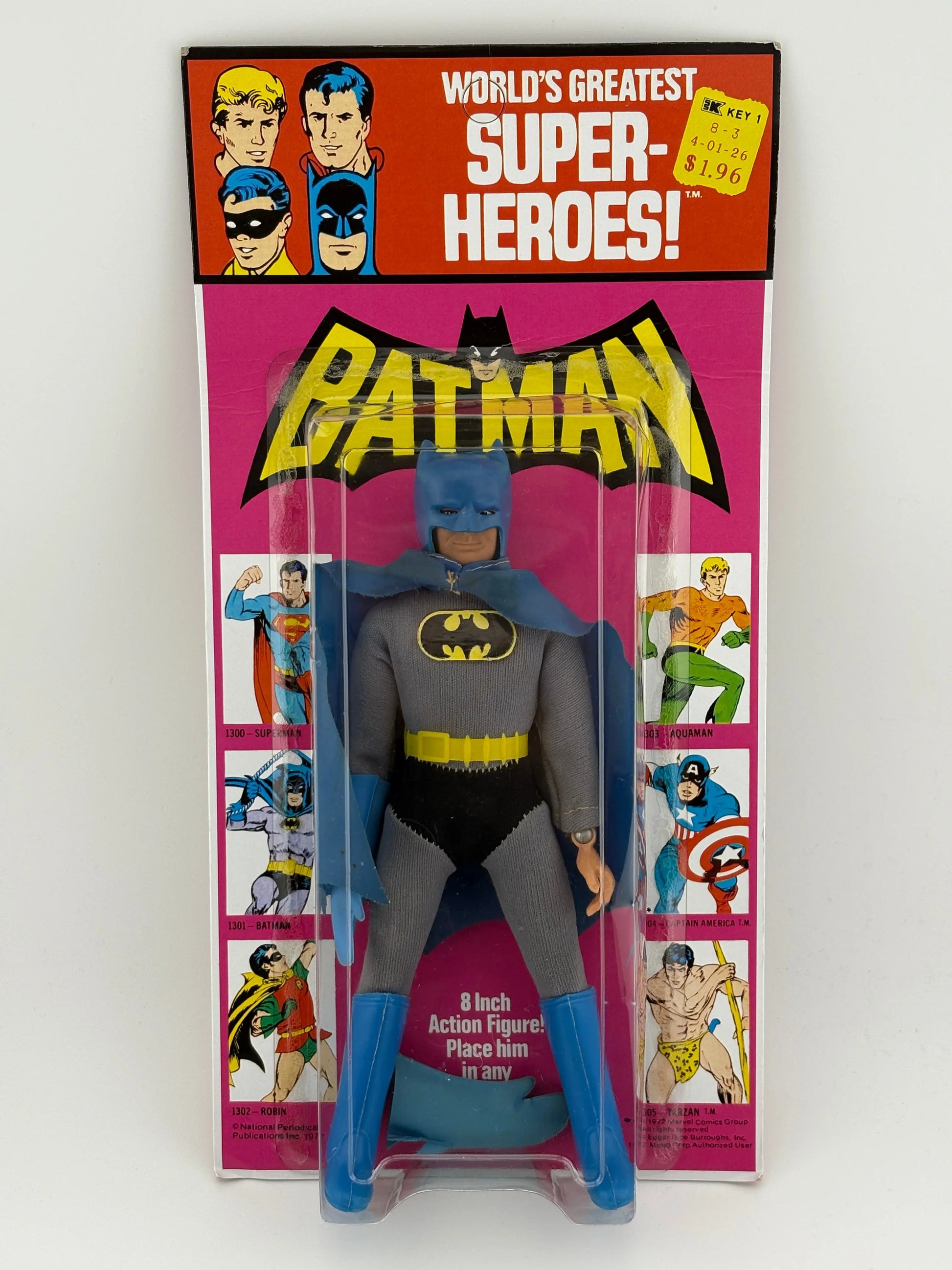 MEGO WORLD'S GREATEST SUPERHEROES (1973) - BATMAN (REMOVEABLE COWL) FIGURE ON KRESGE CARD UNPUNCHED FRENLY BRICKS - Open 7 Days