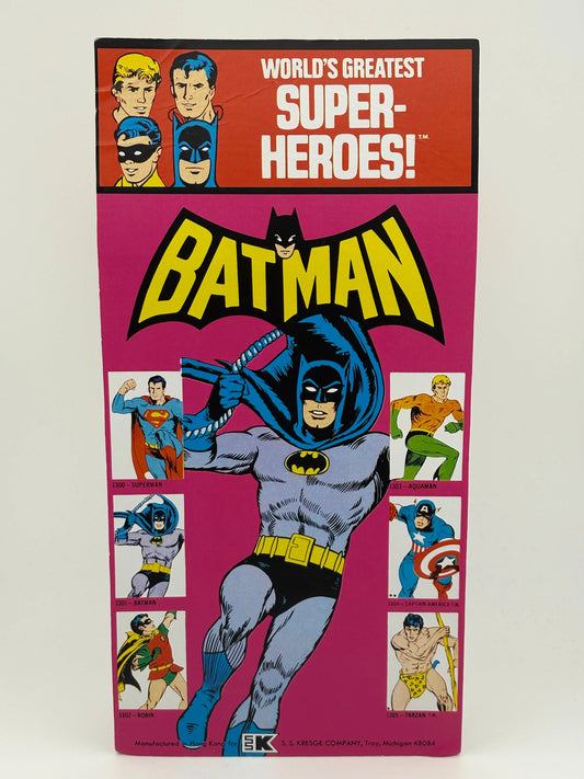 MEGO WORLD'S GREATEST SUPERHEROES (1973) - BATMAN (REMOVEABLE COWL) FIGURE ON KRESGE CARD UNPUNCHED FRENLY BRICKS - Open 7 Days