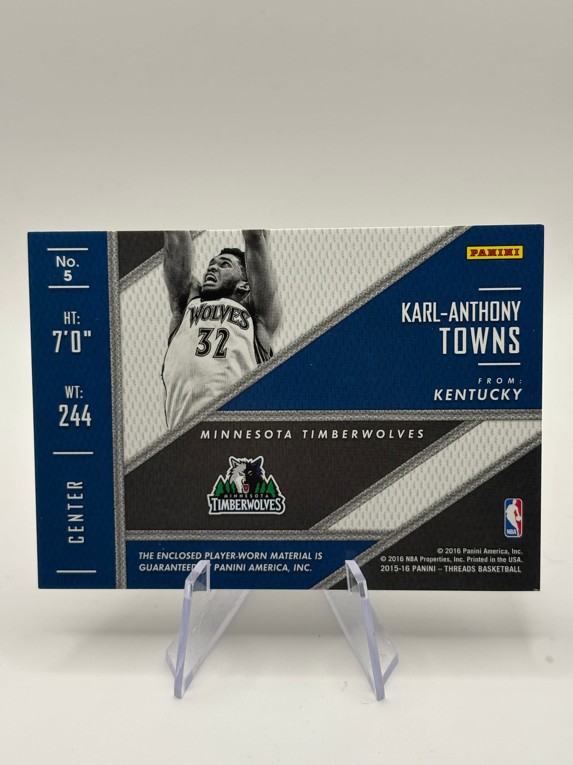 2015-16 Panini Threads Rookie Threads Insert #5 KARL-ANTHONY TOWNS Patch Card RC FRENLY BRICKS - Open 7 Days image 2