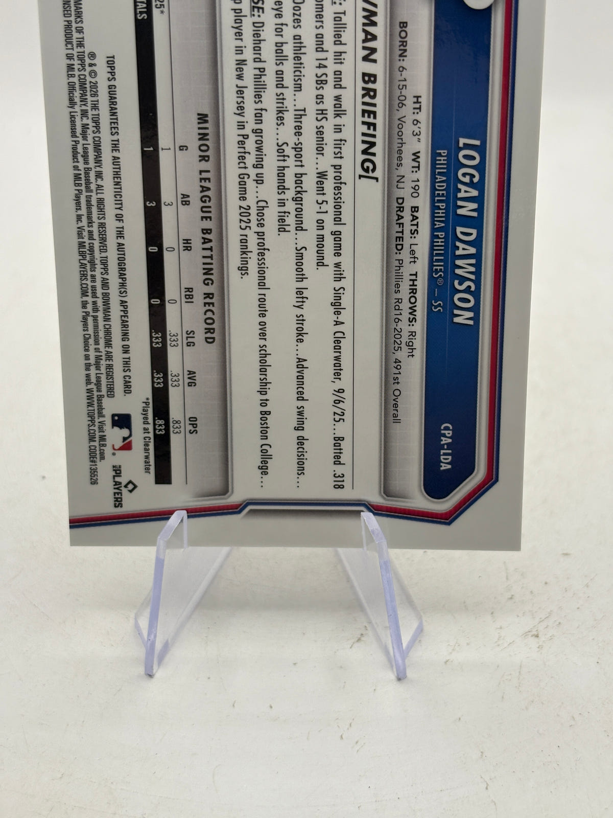 2026 Bowman Chrome 1st Logan Dawson Auto /299 Refractor Philadelphia Phillies image 4