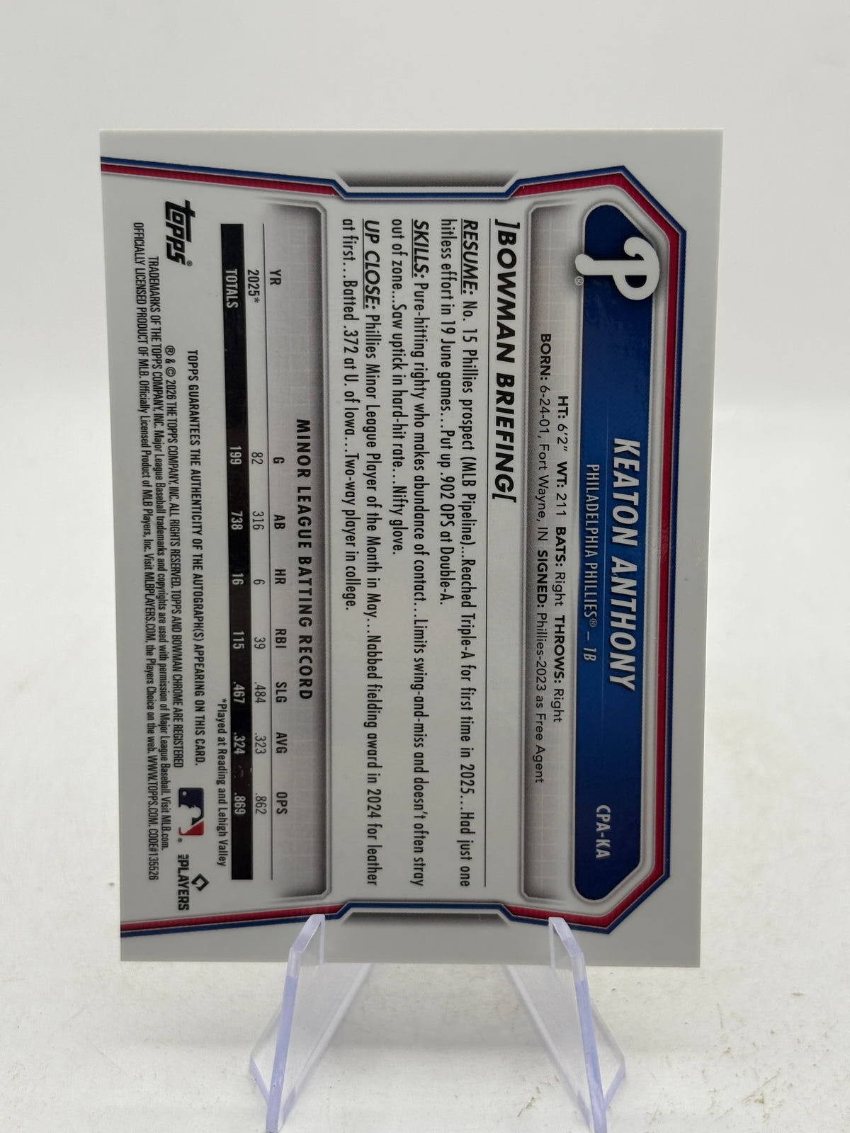 2026 Bowman Chrome Keaton Anthony Prospects Auto Speckle Refractor /299 image 2