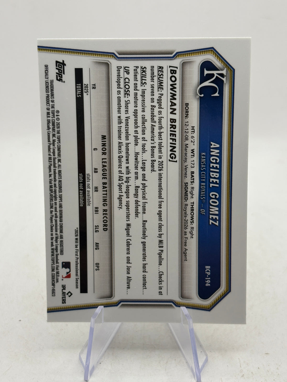2026 Bowman Chrome ANGEIBEL GOMEZ 1st Shimmer Refractor #BCP-194 - KC Royals image 2