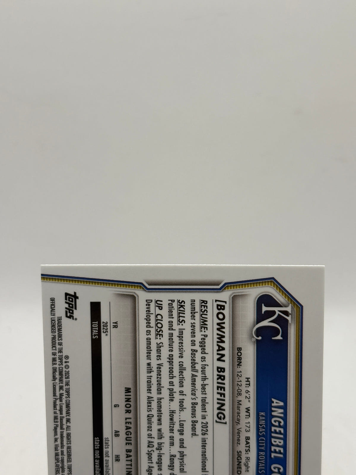2026 Bowman Chrome ANGEIBEL GOMEZ 1st Shimmer Refractor #BCP-194 - KC Royals image 3