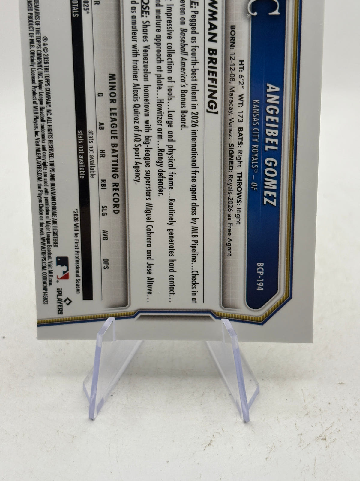 2026 Bowman Chrome ANGEIBEL GOMEZ 1st Shimmer Refractor #BCP-194 - KC Royals image 4