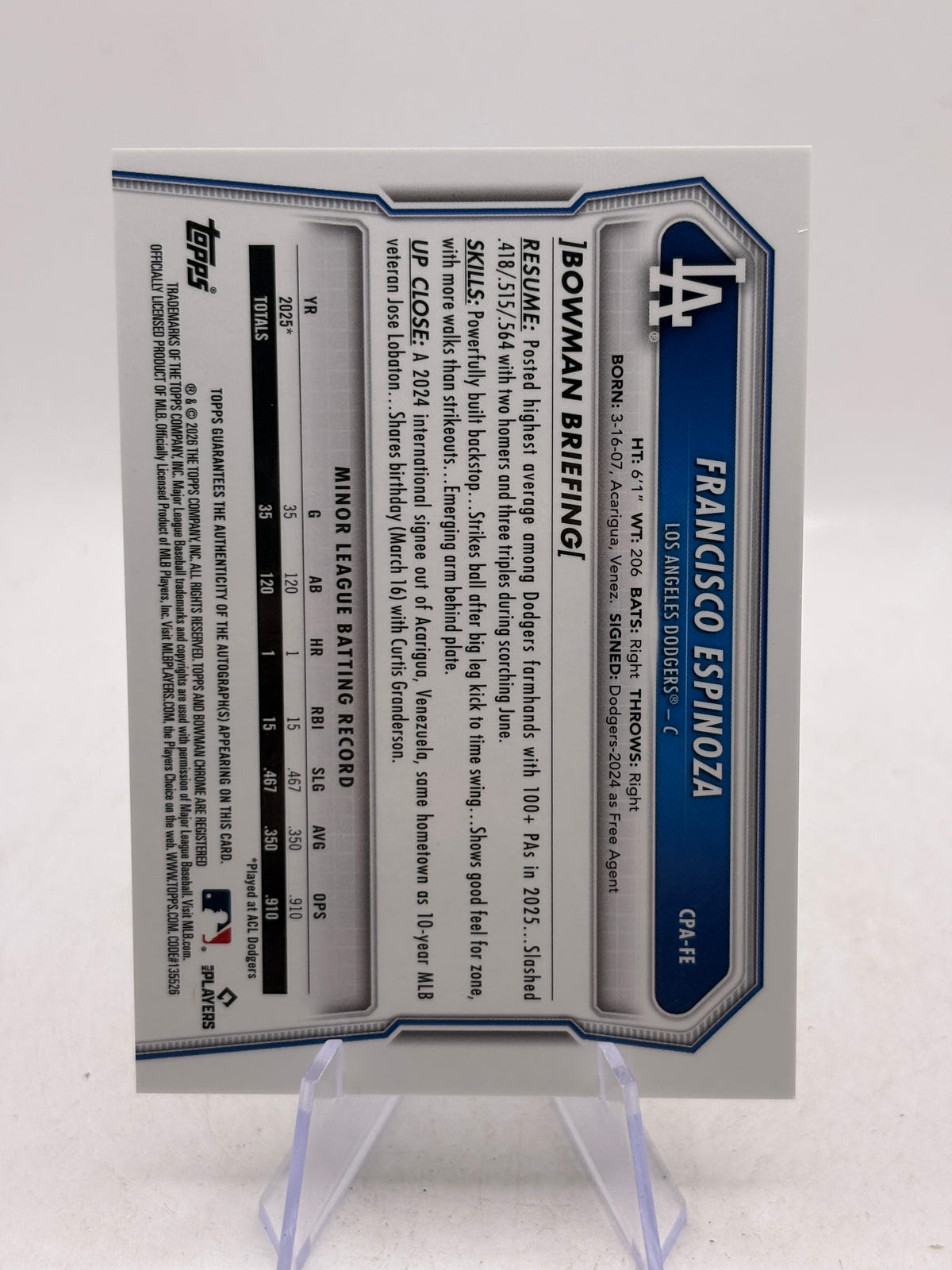 2026 Topps Bowman Chrome Francisco Espinoza 1st Bowman Auto #CPA-FE Dodgers image 2