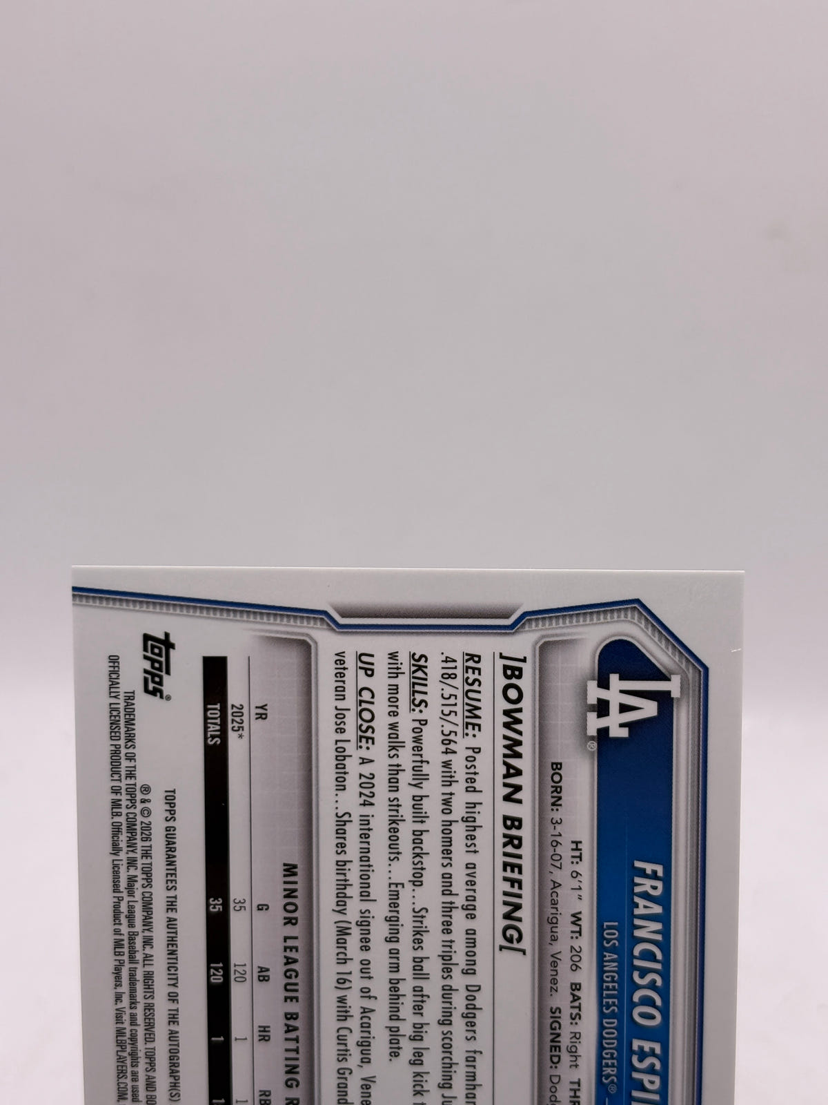 2026 Topps Bowman Chrome Francisco Espinoza 1st Bowman Auto #CPA-FE Dodgers image 3