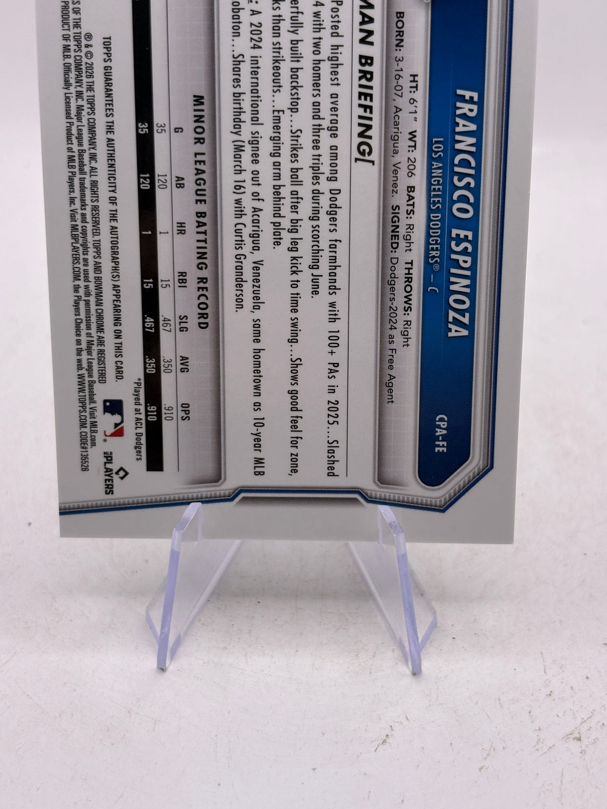 2026 Topps Bowman Chrome Francisco Espinoza 1st Bowman Auto #CPA-FE Dodgers image 4