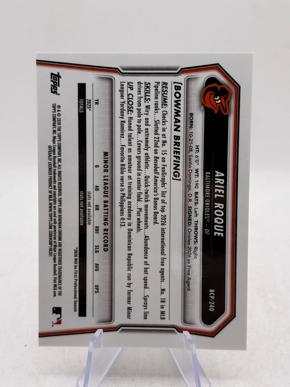 2026 Bowman Chrome Ariel Roque #BCP-240 Bubble Gum Packfracture SSP /89 image 2