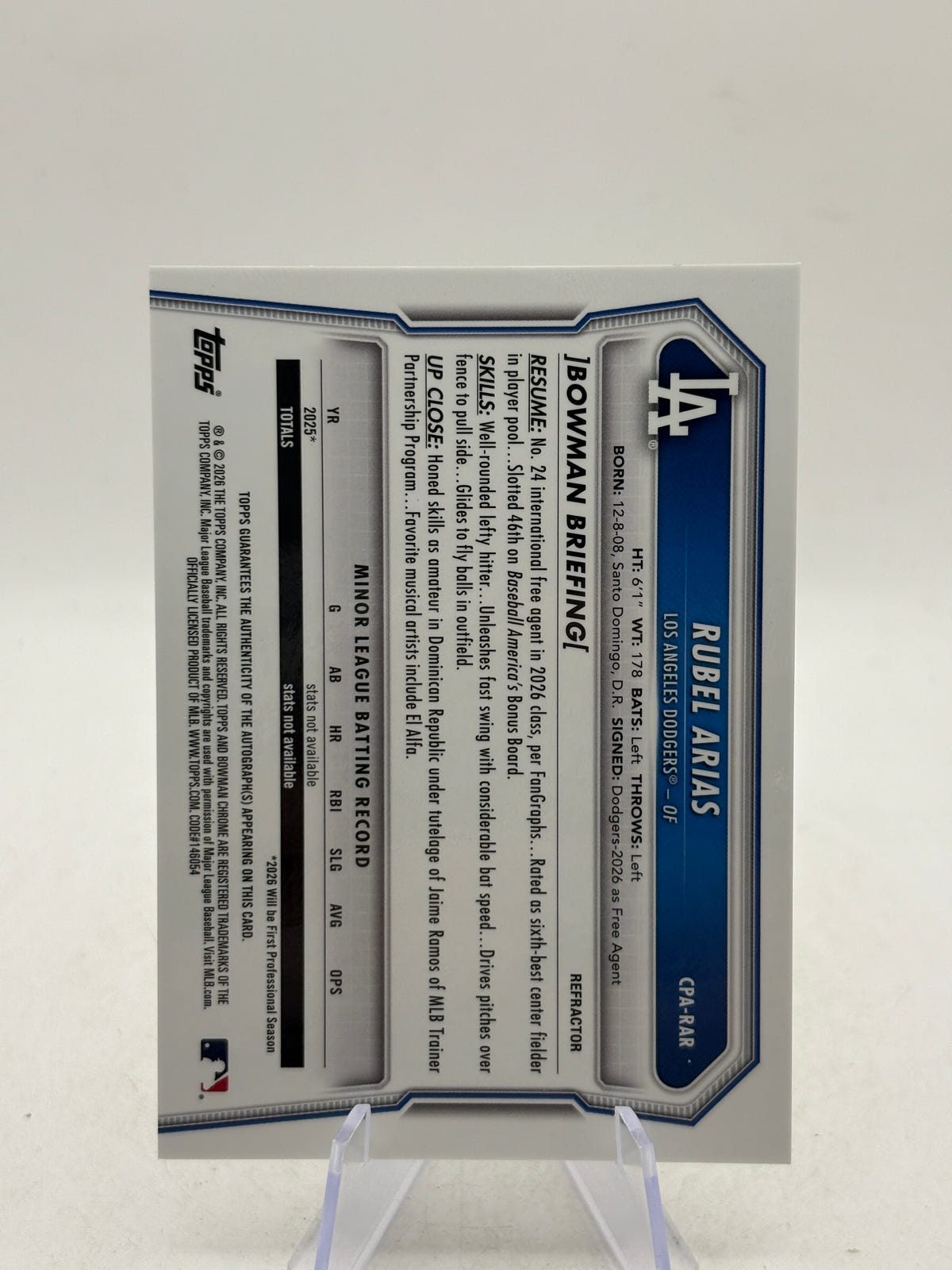 2026 Bowman Chrome Rubel Arias 1st Refractor Auto #CPA-RAR SN /499 image 2