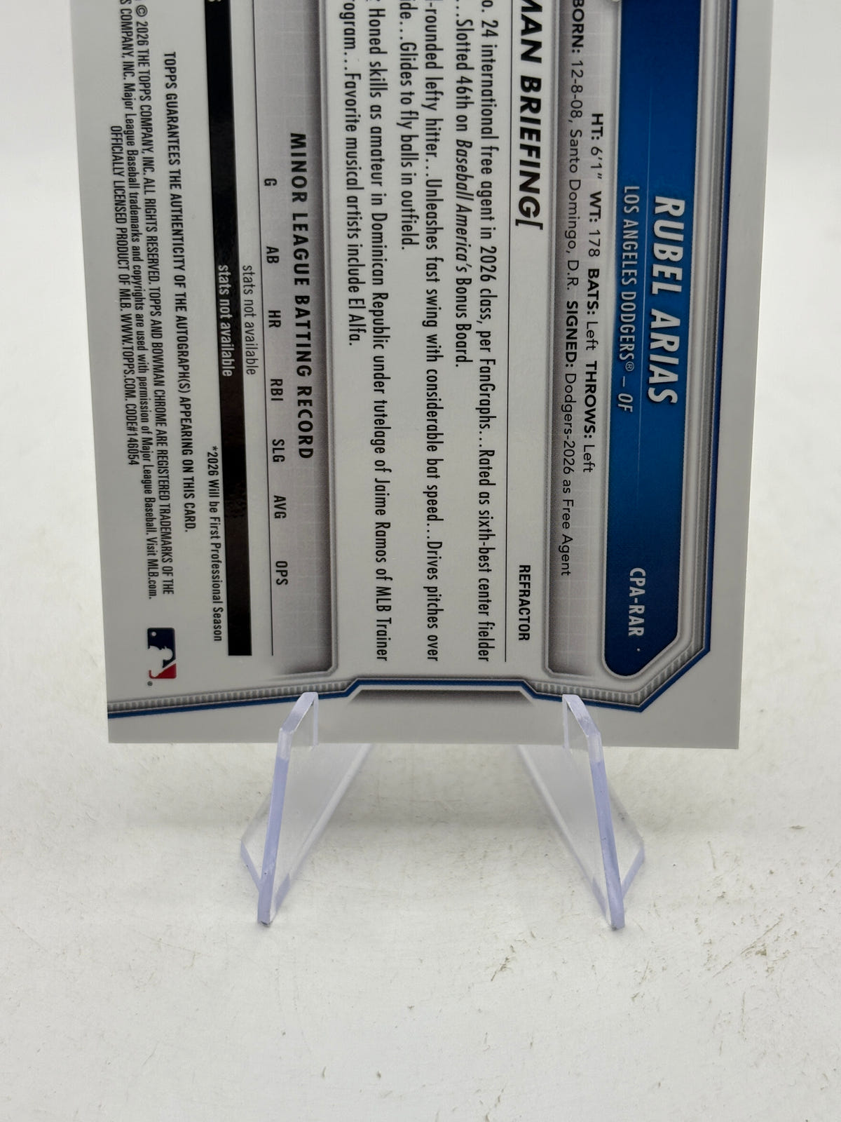 2026 Bowman Chrome Rubel Arias 1st Refractor Auto #CPA-RAR SN /499 image 4