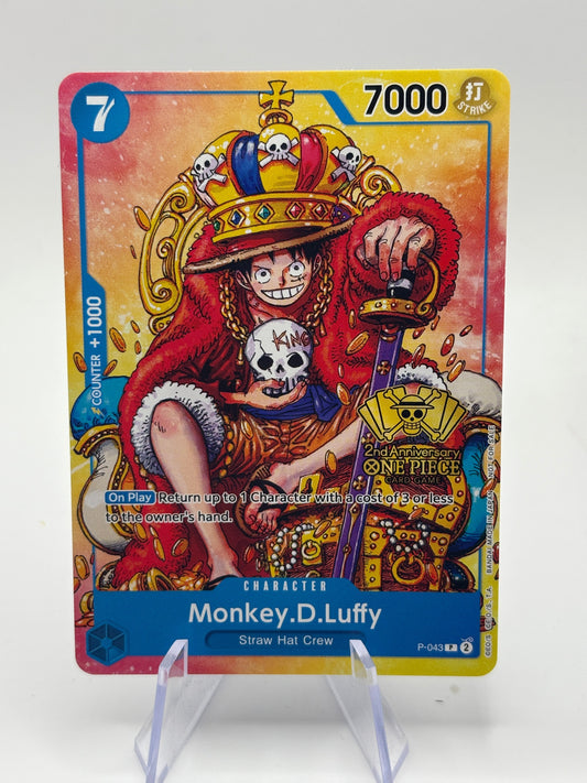 One Piece Card Monkey D Luffy P-043 2ND ANNIVERSARY Pirate King Promo English NM FRENLY BRICKS - Open 7 Days