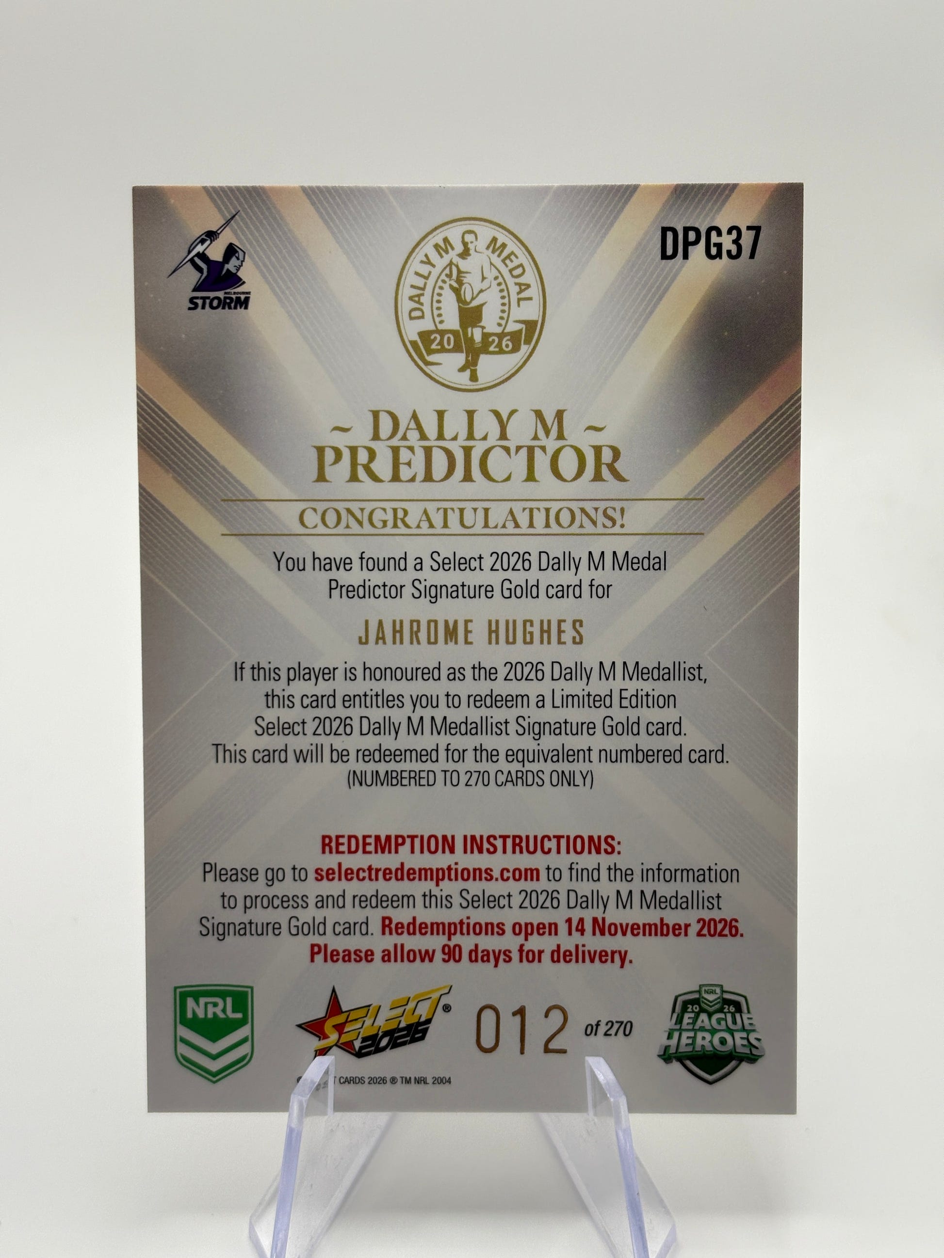 2026 NRL Select League Heroes Dally M Gold Predictor Jahrome Hughes Storm #12 FRENLY BRICKS - Open 7 Days image 2