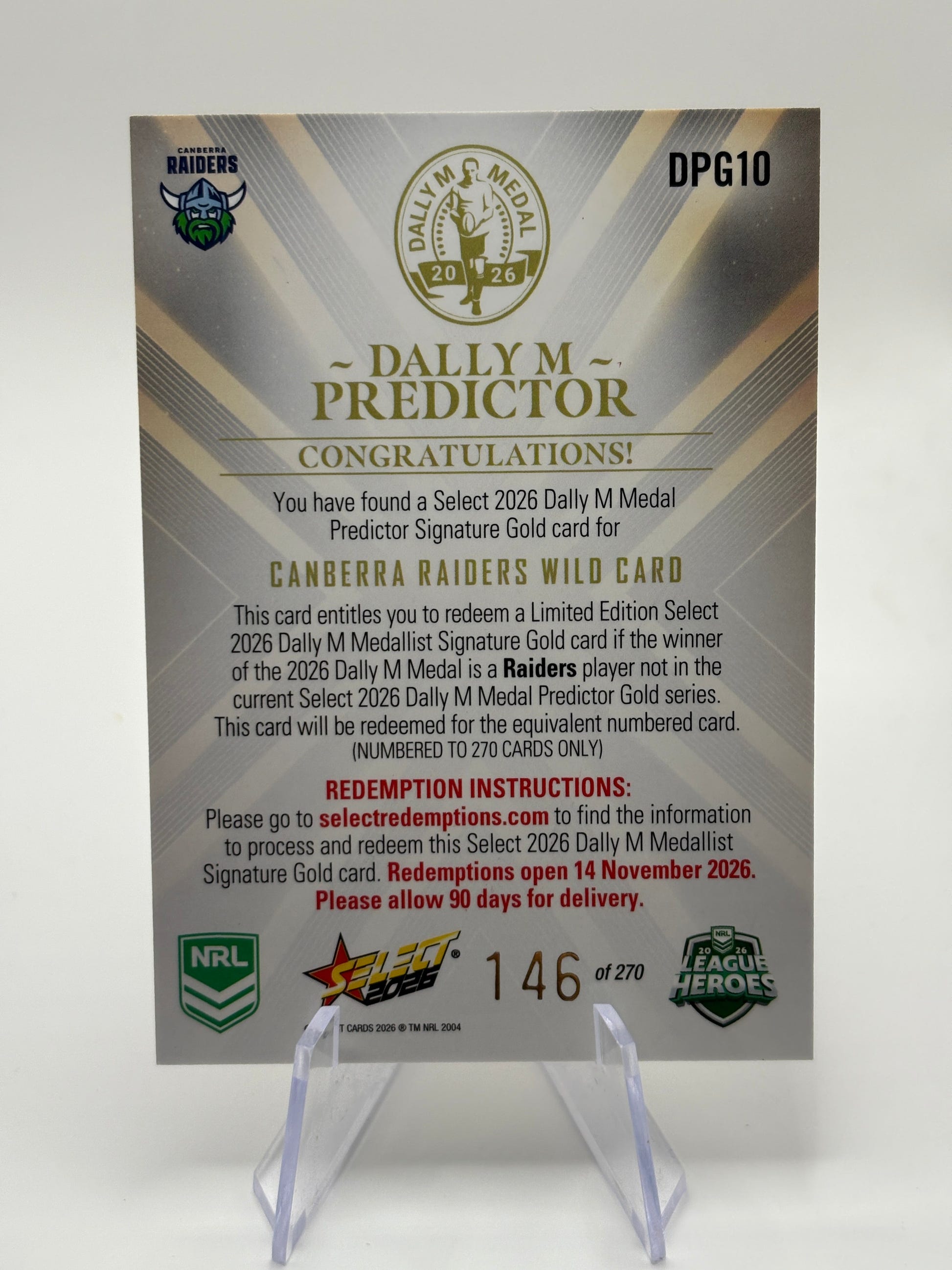 Select 2026 NRL League Heroes Dally M Predictor Gold /270 Raiders Wild Card (1) FRENLY BRICKS - Open 7 Days image 2