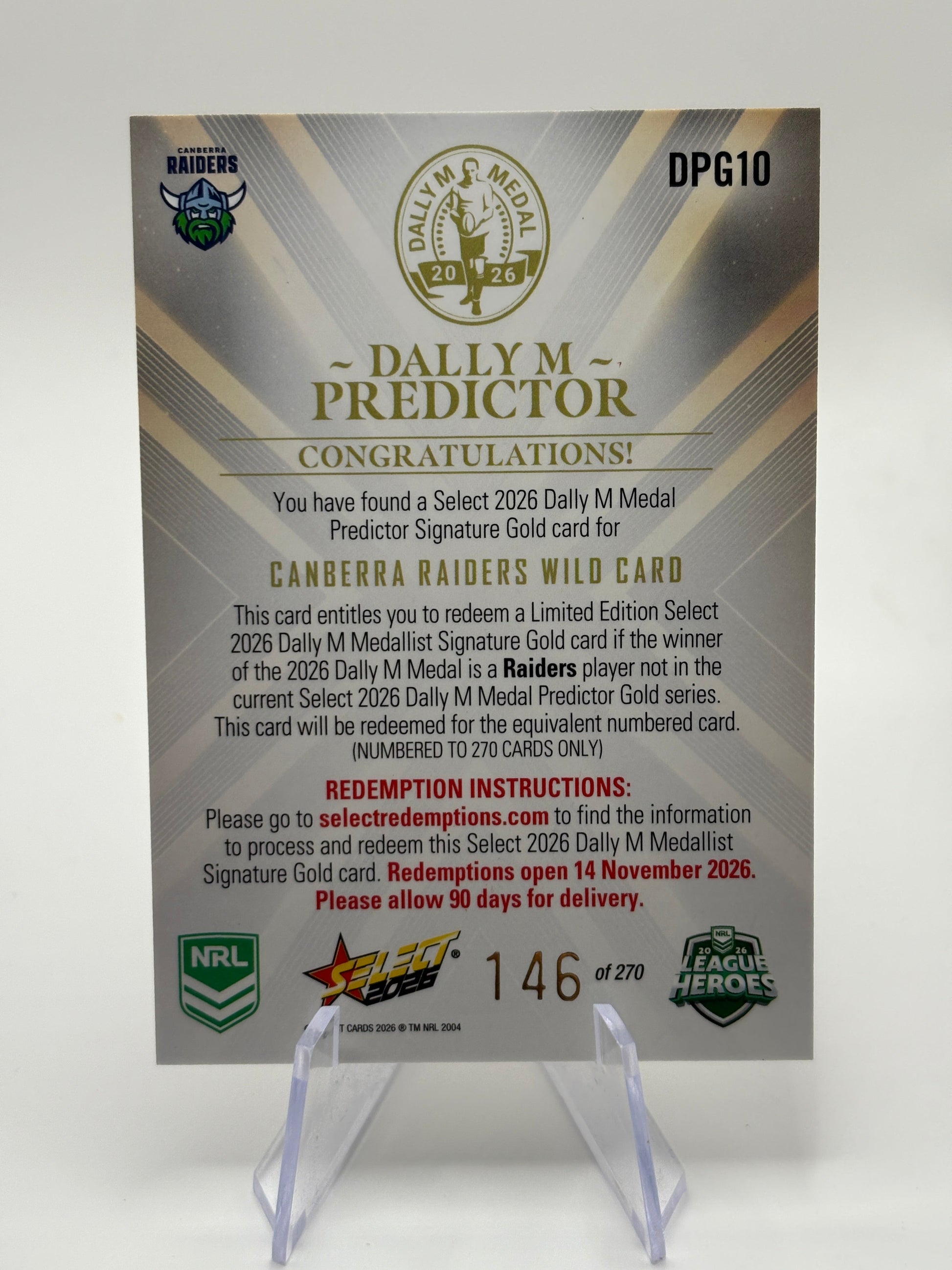 Select 2026 NRL League Heroes Dally M Predictor Gold /270 Raiders Wild Card (1) FRENLY BRICKS - Open 7 Days