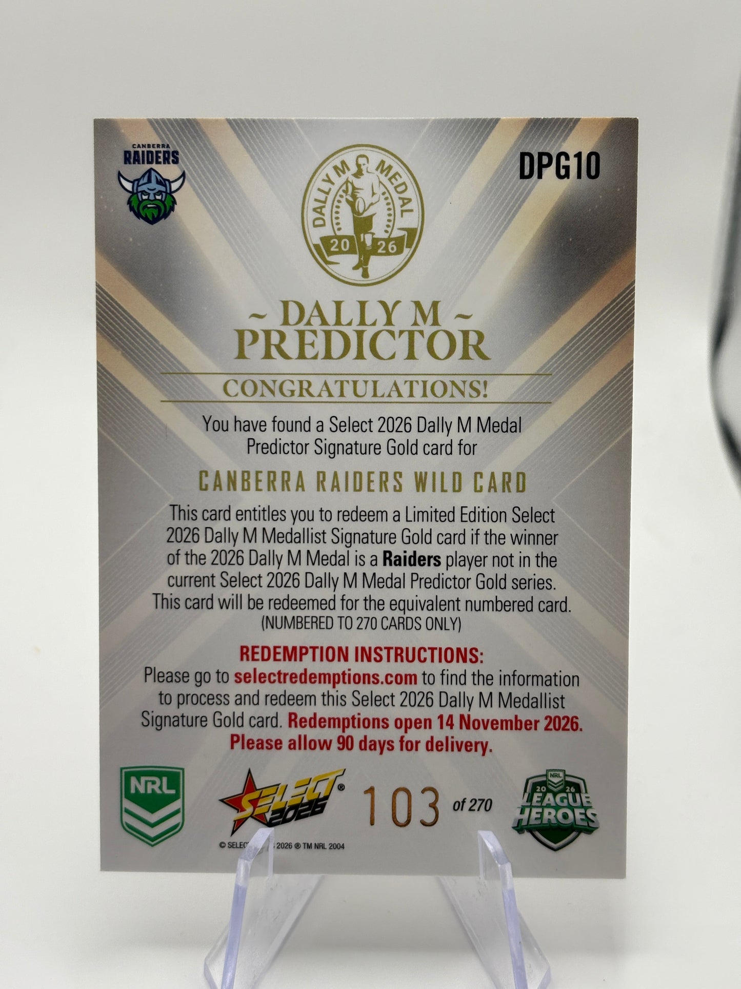 Select 2026 NRL League Heroes Dally M Predictor Gold /270 Raiders Wild Card (2) FRENLY BRICKS - Open 7 Days