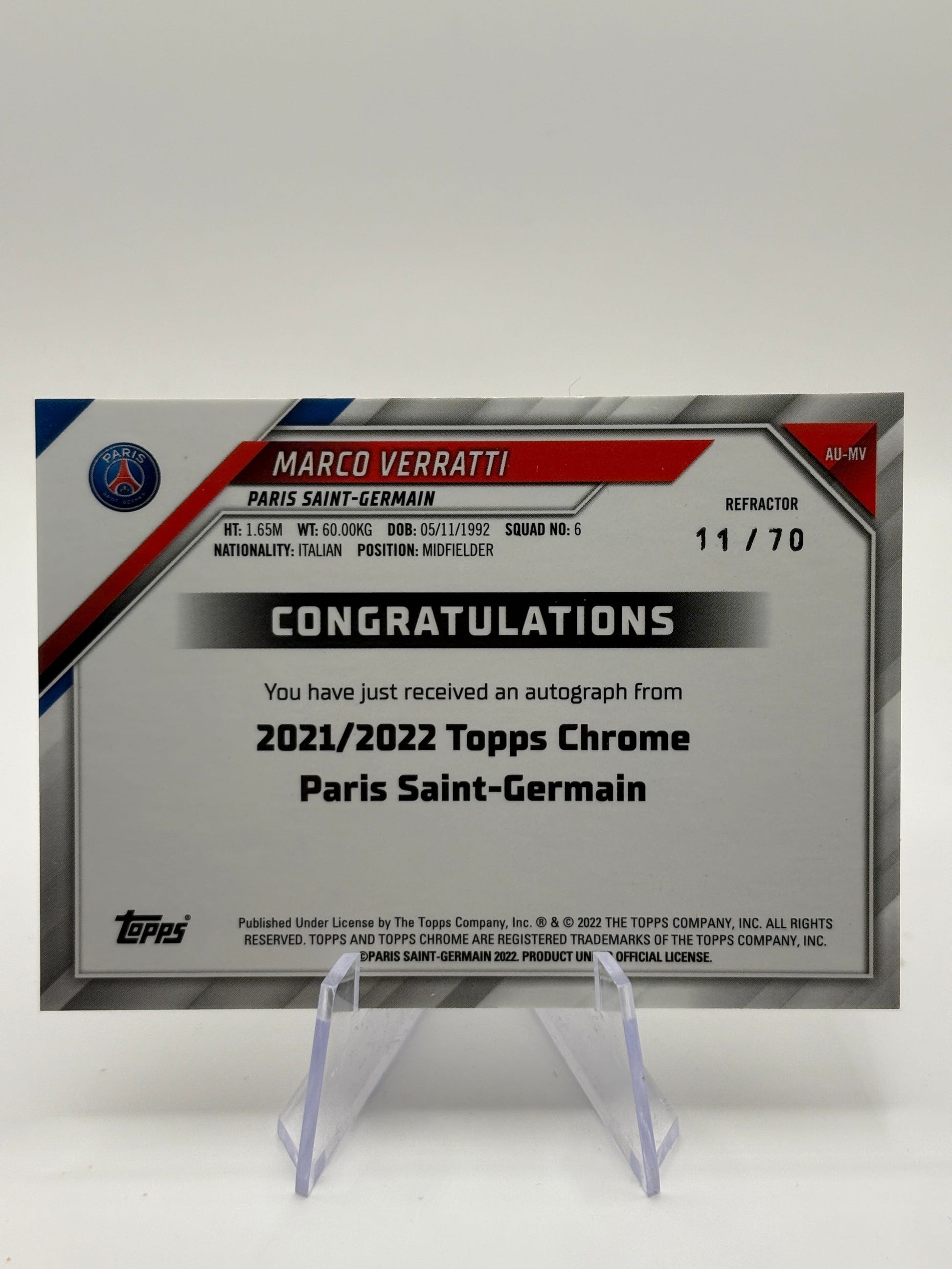 Marco Verratti 2021/22 Topps Chrome PSG Team Set Auto /70 FRENLY BRICKS - Open 7 Days image 2