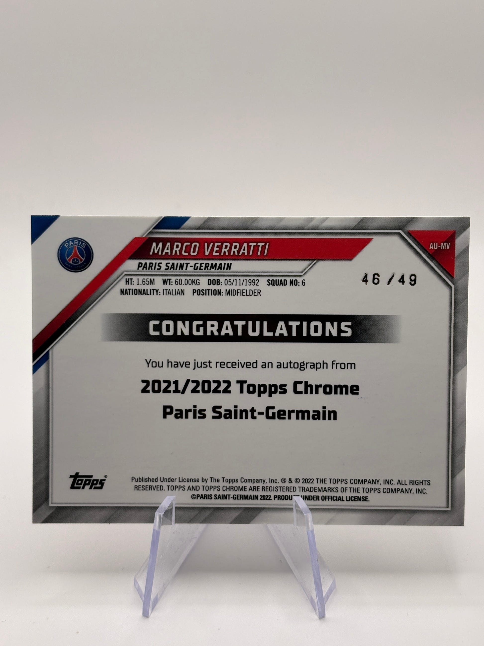 2021-22 Chrome Paris Saint-Germain Wave Refractor /49 Marco Verratti Auto FRENLY BRICKS - Open 7 Days image 2