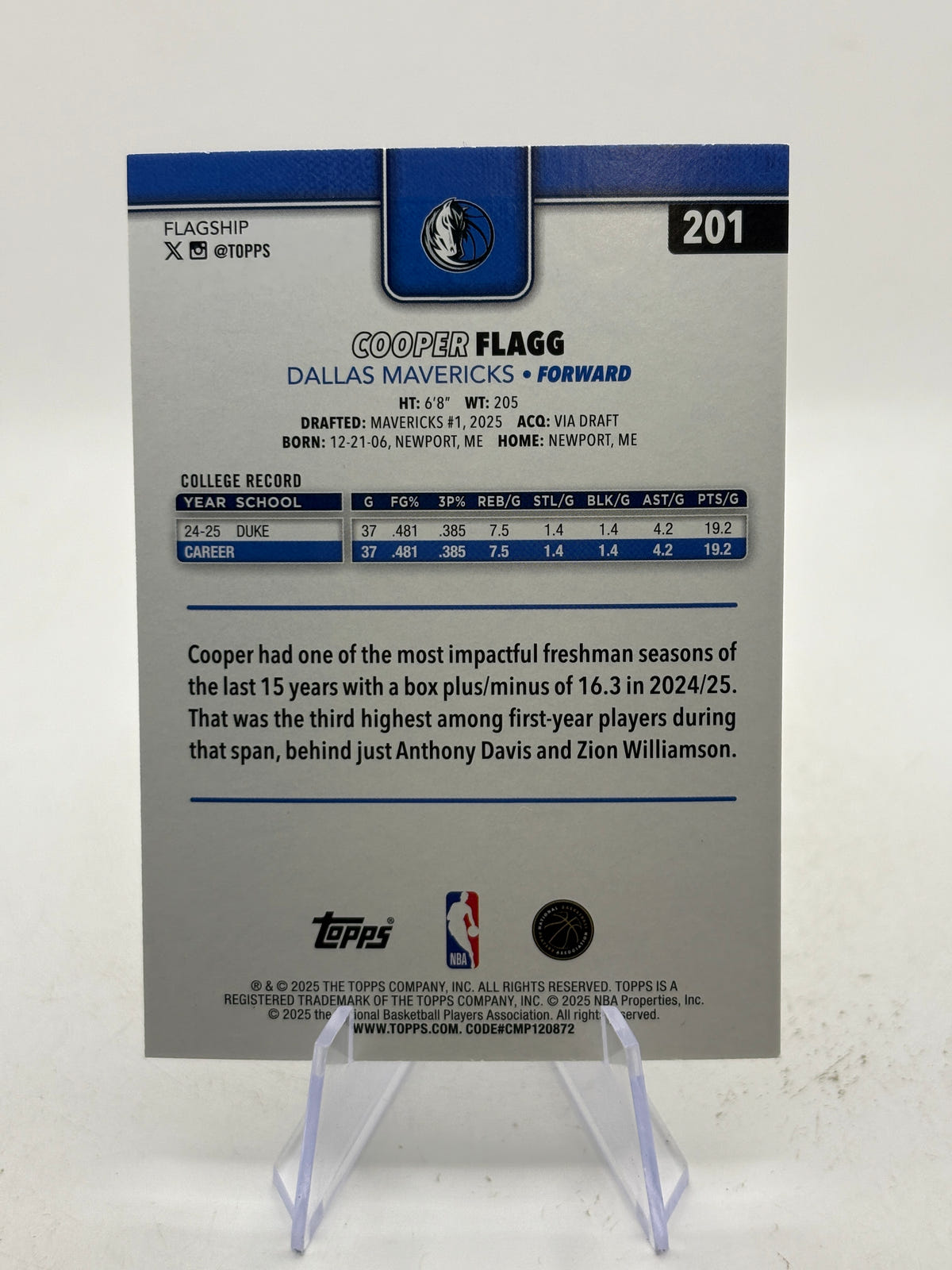 2025-26 Topps Flagship Cooper Flagg #201 Holo Foil Rookie RC Mavericks image 2