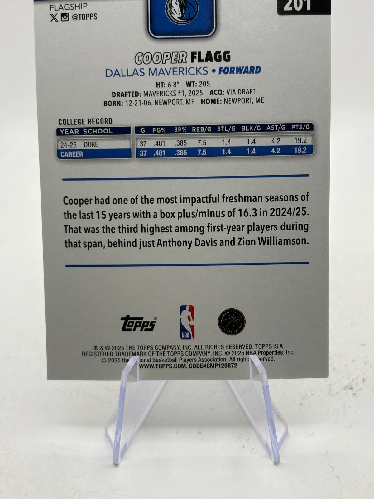2025-26 Topps Flagship Cooper Flagg #201 Holo Foil Rookie RC Mavericks image 4