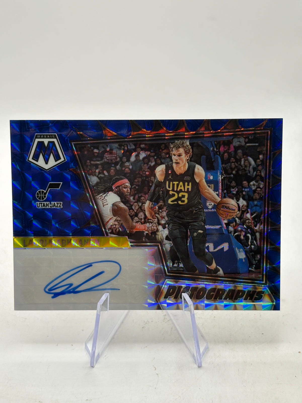 2022-23 Panini Mosaic Lauri Markkanen Utah Jazz Pictographs Blue Prizm Auto /49 image 1