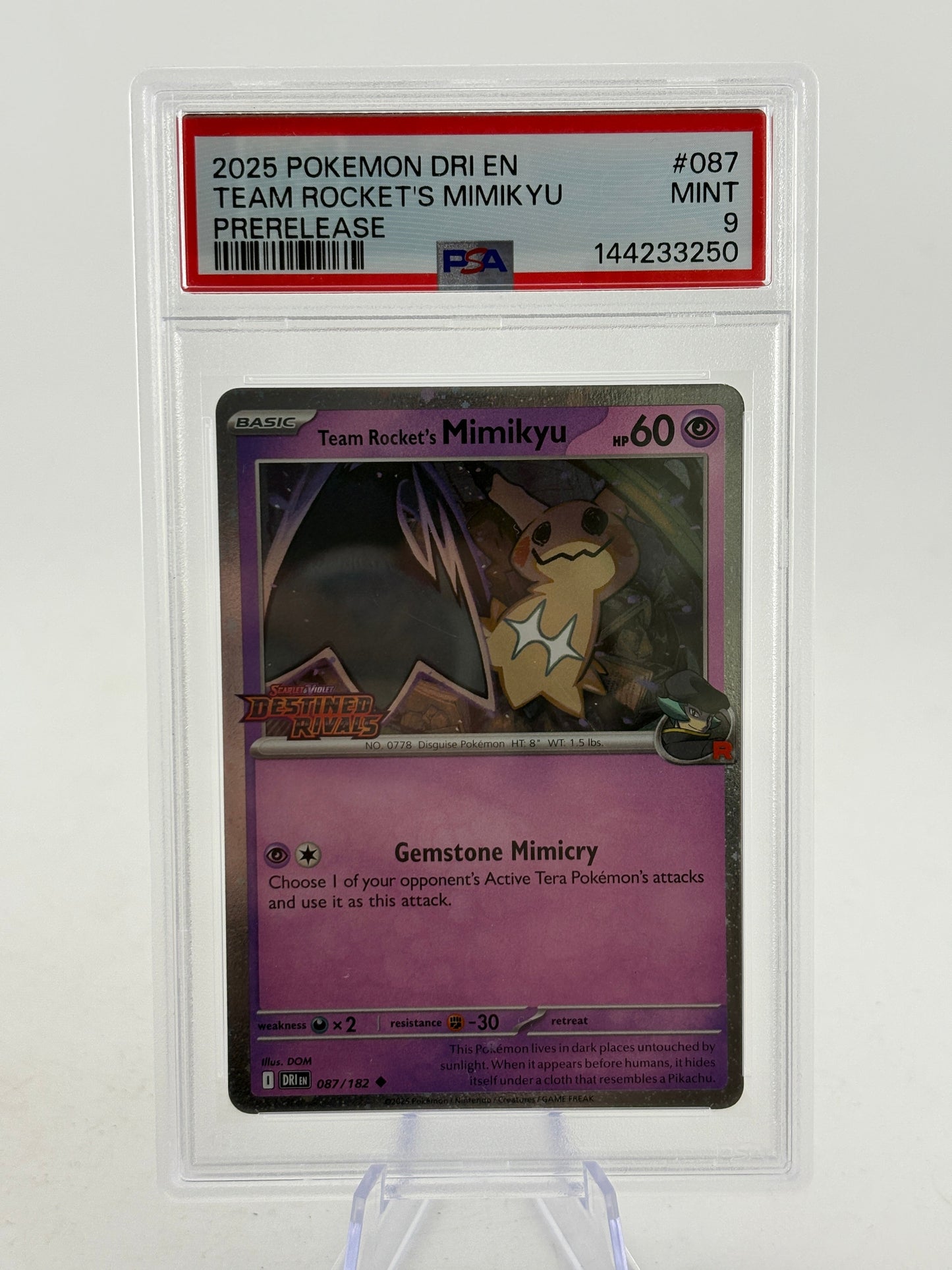 2025 Pokemon Destined Rivals - Team Rockets Mimikyu Pre Release PSA 10 (1) FRENLY BRICKS - Open 7 Days