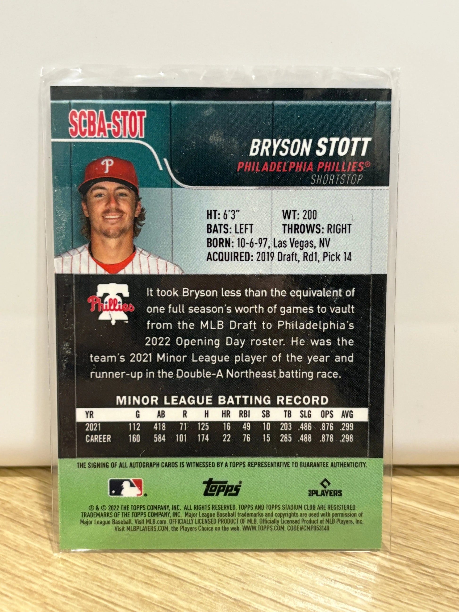 Bryson Stott 2022 Stadium Club ROOKIE ON-CARD AUTO Phillies RC #SCBA-STOT FRENLY BRICKS - Open 7 Days